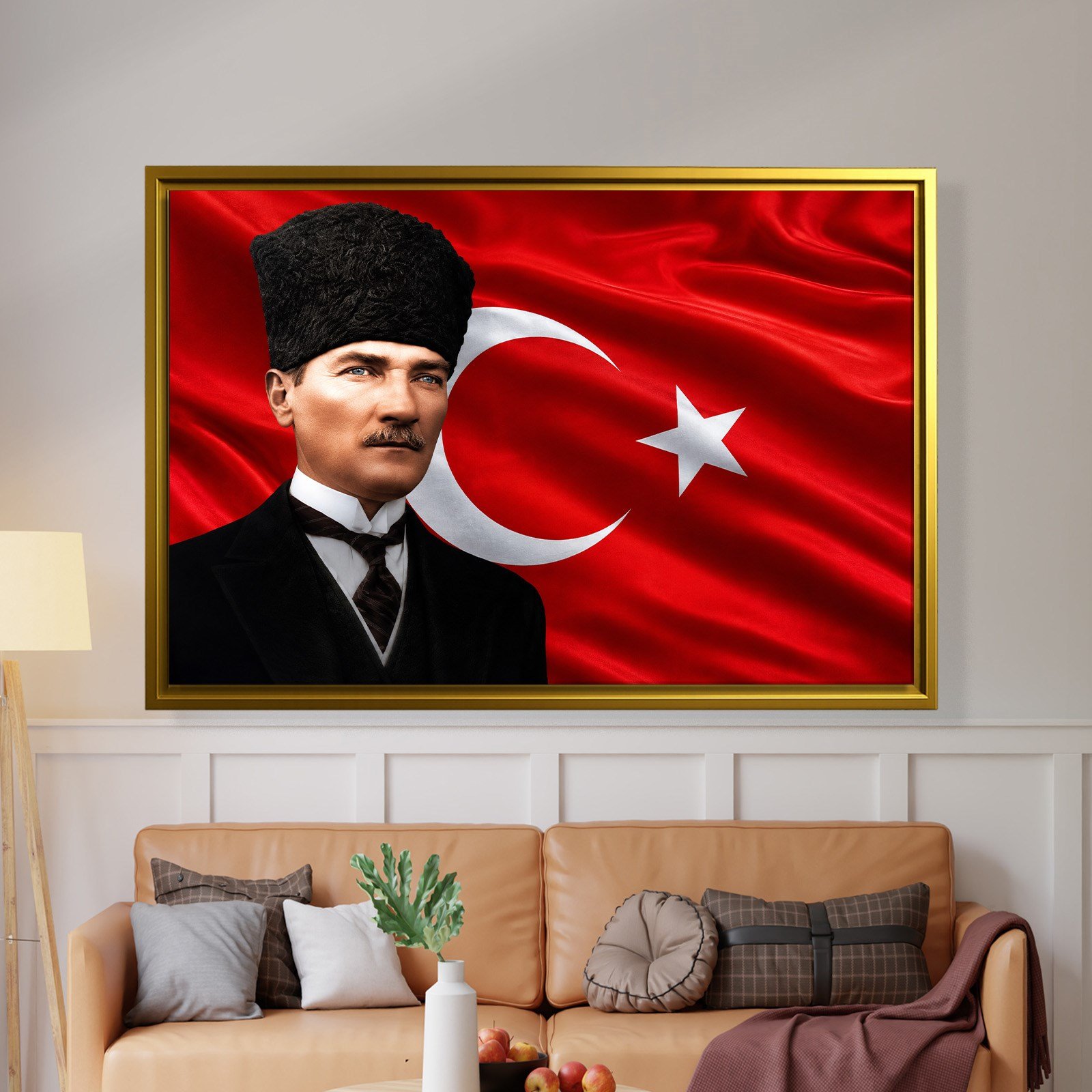 Atatürk Kanvas Tablo – Türk Bayrağı Fonlu Mustafa Kemal Atatürk Duvar Tablosu