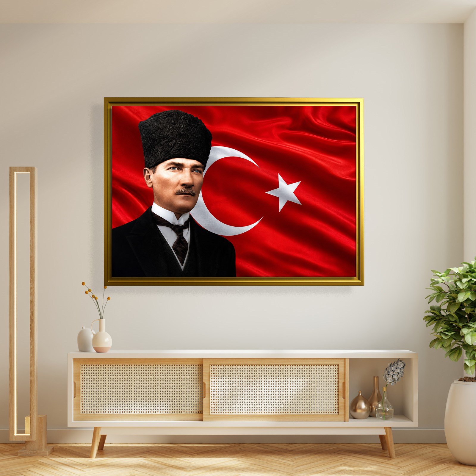 Atatürk Kanvas Tablo – Türk Bayrağı Fonlu Mustafa Kemal Atatürk Duvar Tablosu
