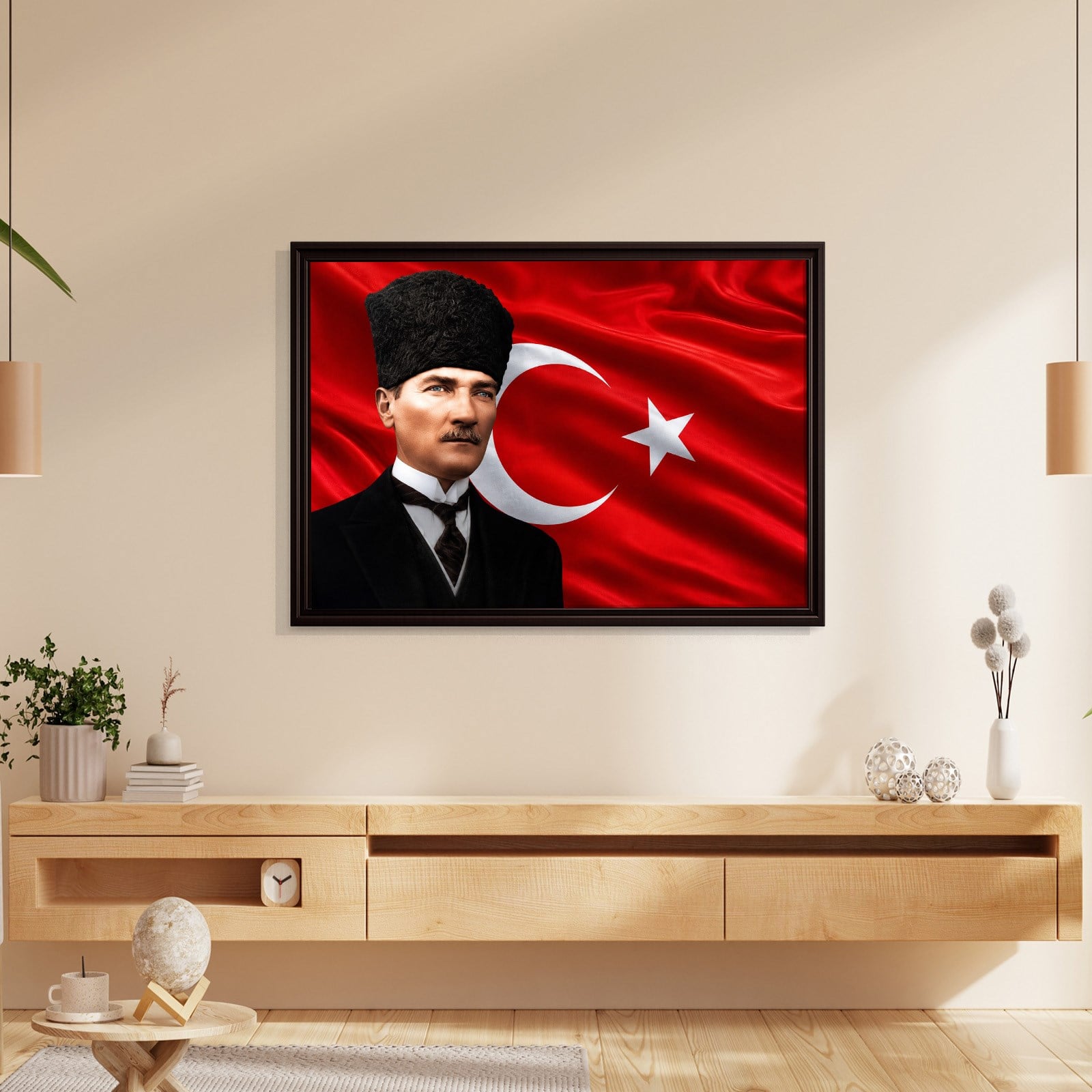 Atatürk Kanvas Tablo – Türk Bayrağı Fonlu Mustafa Kemal Atatürk Duvar Tablosu