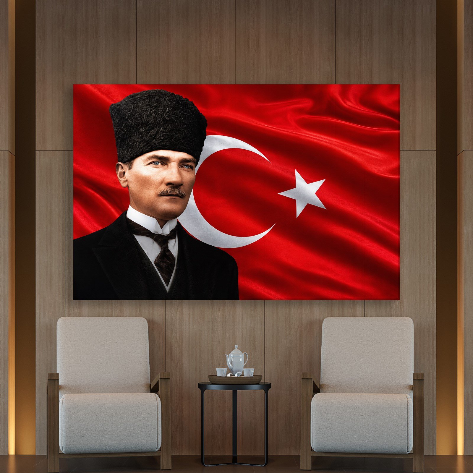 Atatürk Kanvas Tablo – Türk Bayrağı Fonlu Mustafa Kemal Atatürk Duvar Tablosu