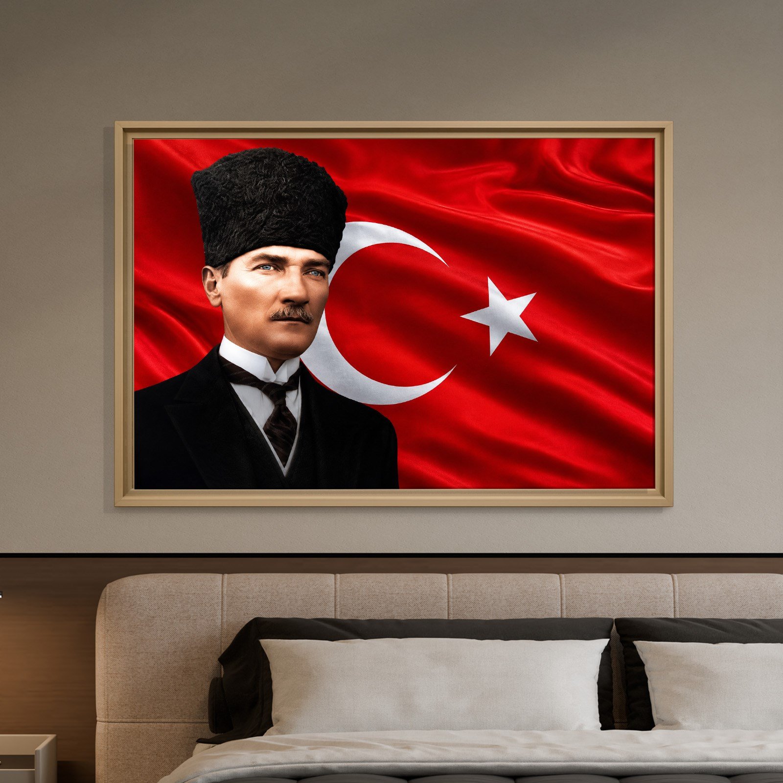 Atatürk Kanvas Tablo – Türk Bayrağı Fonlu Mustafa Kemal Atatürk Duvar Tablosu