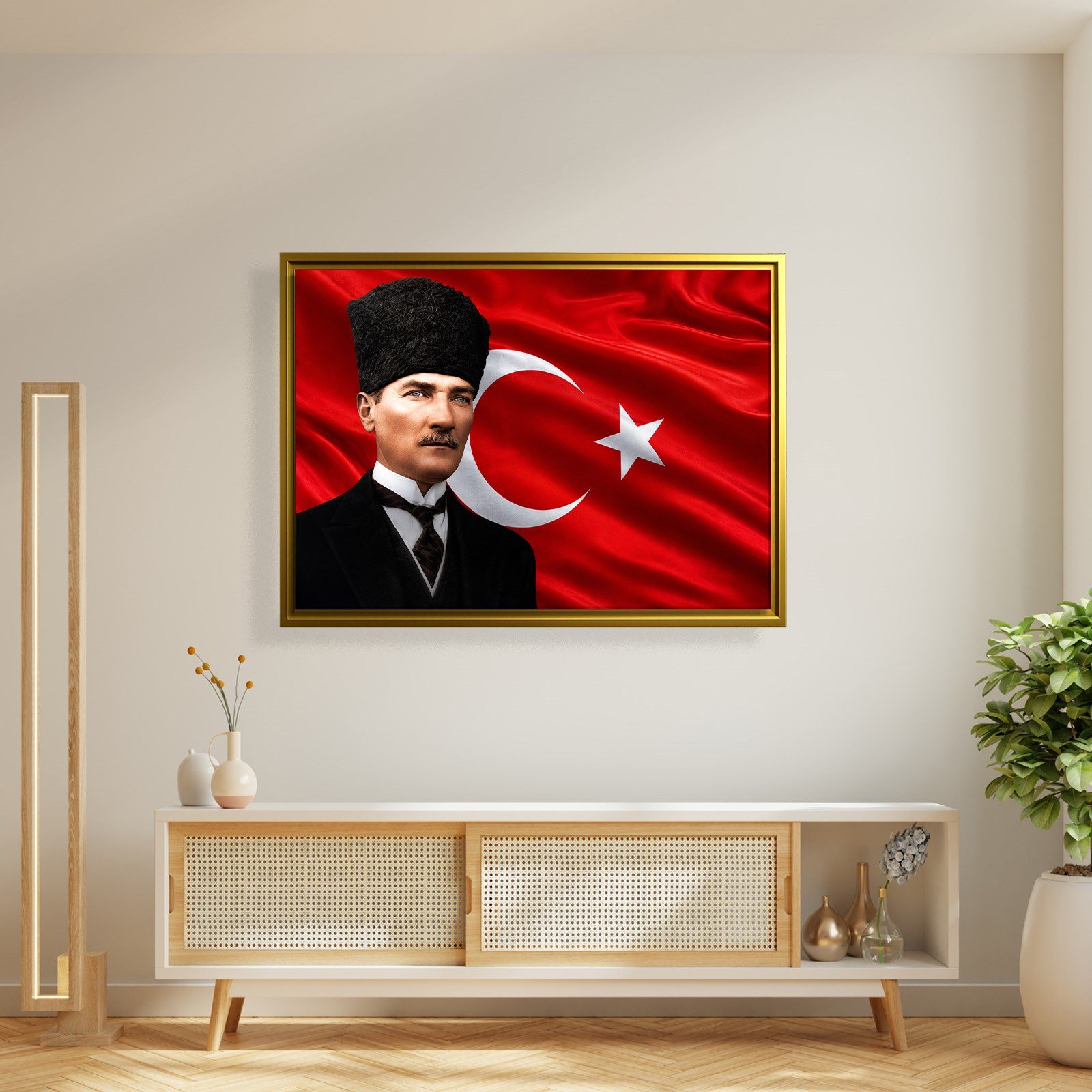 Atatürk Kanvas Tablo – Türk Bayrağı Fonlu Mustafa Kemal Atatürk Duvar Tablosu