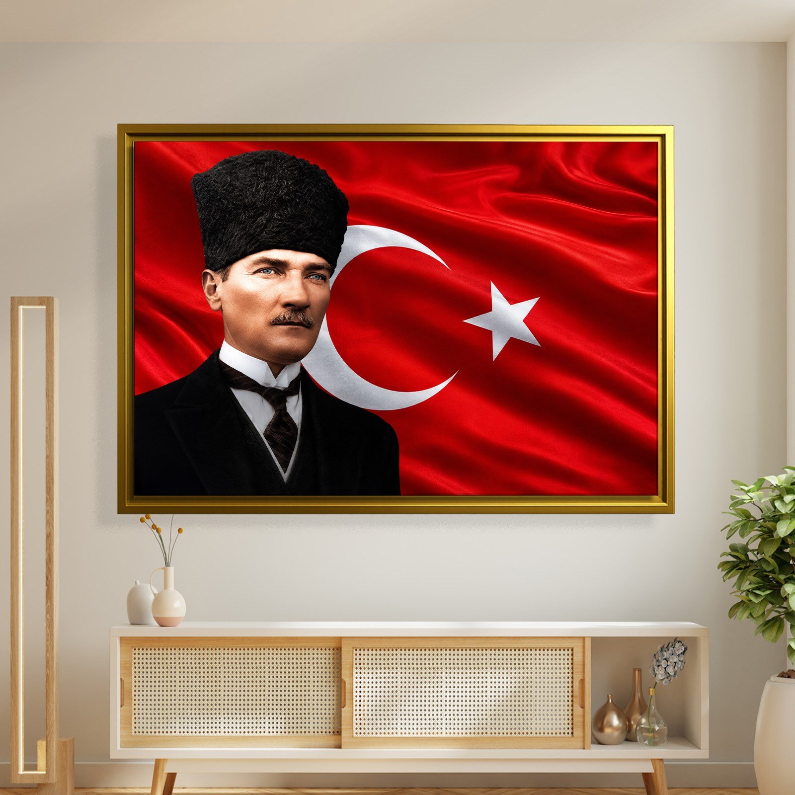 Atatürk Kanvas Tablo – Türk Bayrağı Fonlu Mustafa Kemal Atatürk Duvar Tablosu