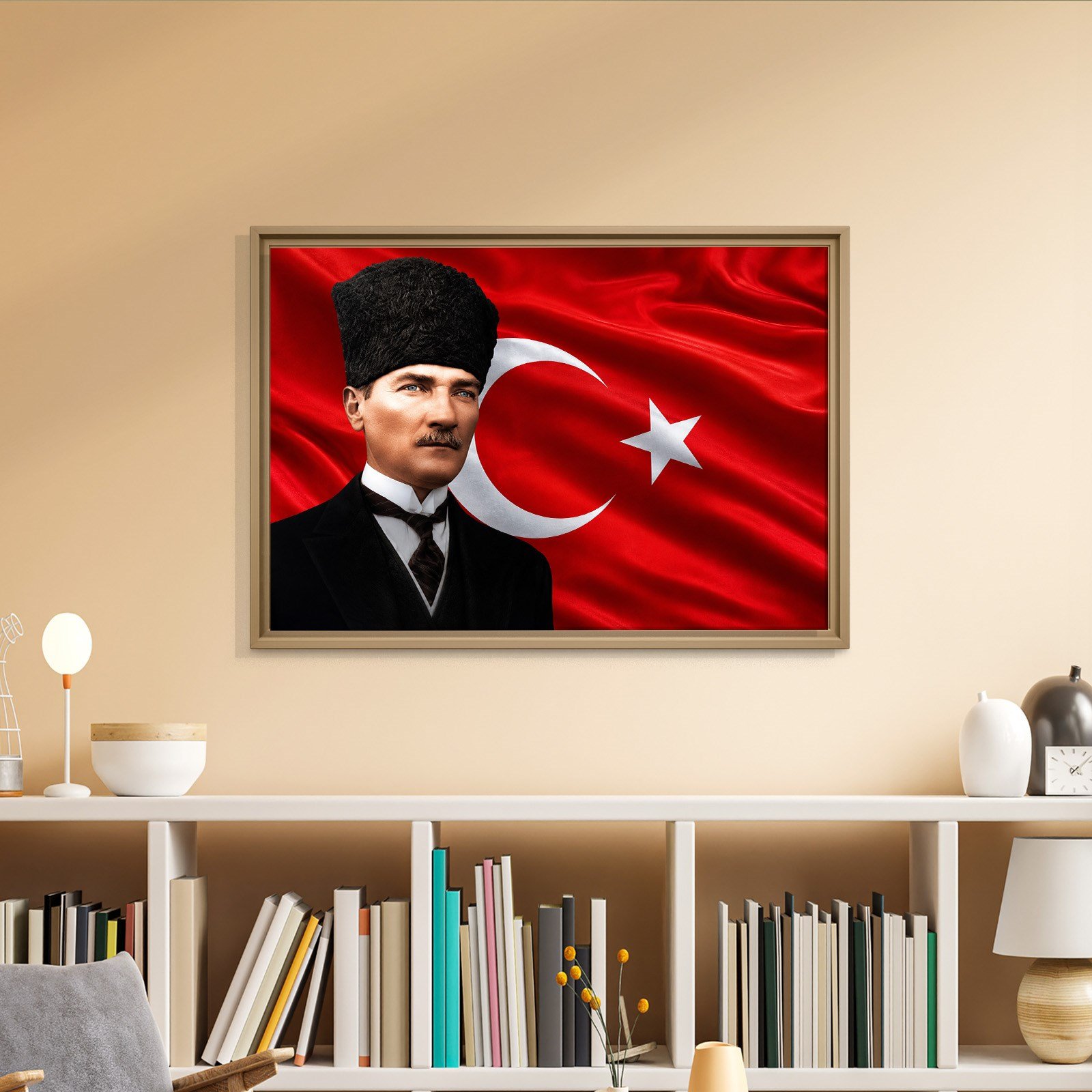 Atatürk Kanvas Tablo – Türk Bayrağı Fonlu Mustafa Kemal Atatürk Duvar Tablosu