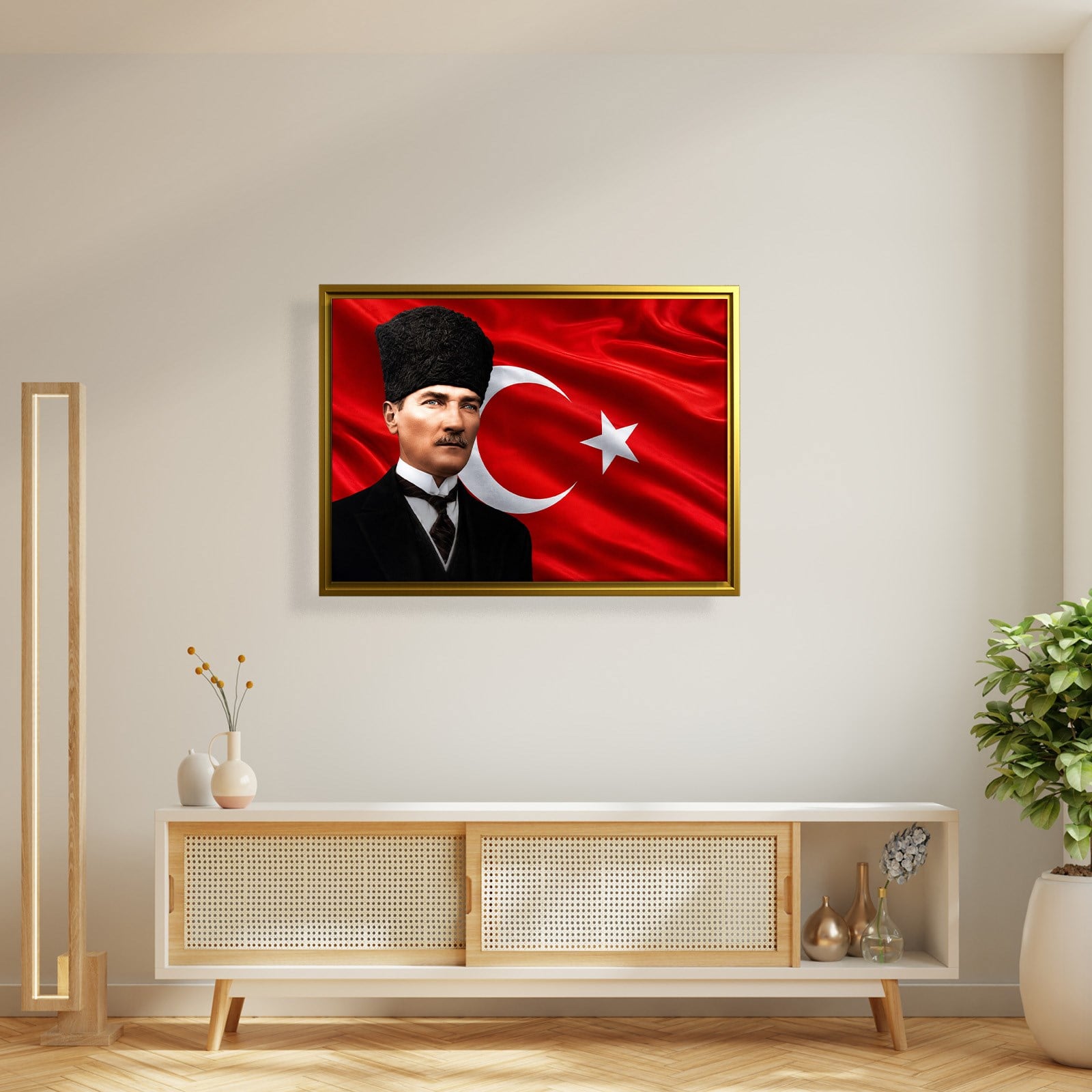 Atatürk Kanvas Tablo – Türk Bayrağı Fonlu Mustafa Kemal Atatürk Duvar Tablosu