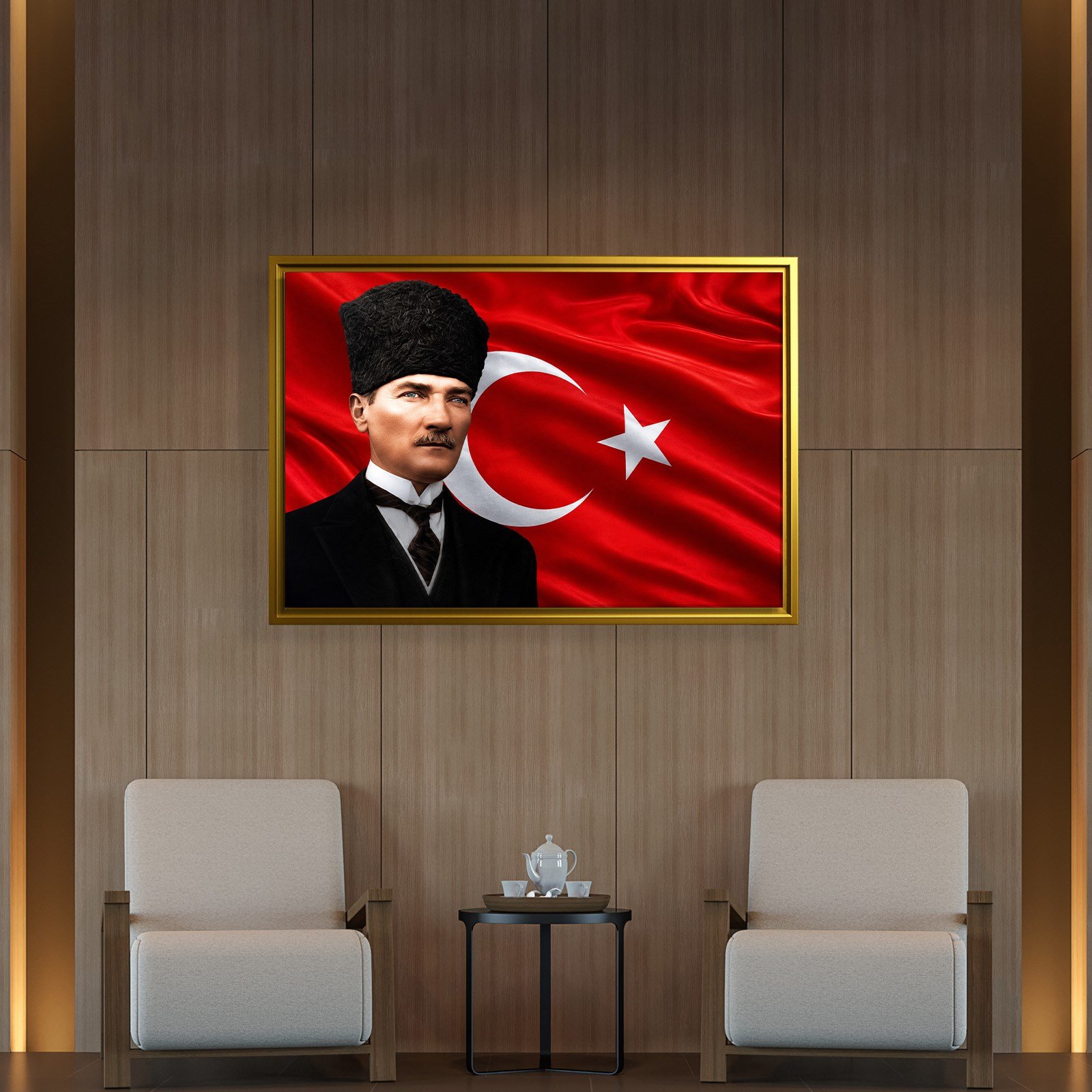 Atatürk Kanvas Tablo – Türk Bayrağı Fonlu Mustafa Kemal Atatürk Duvar Tablosu