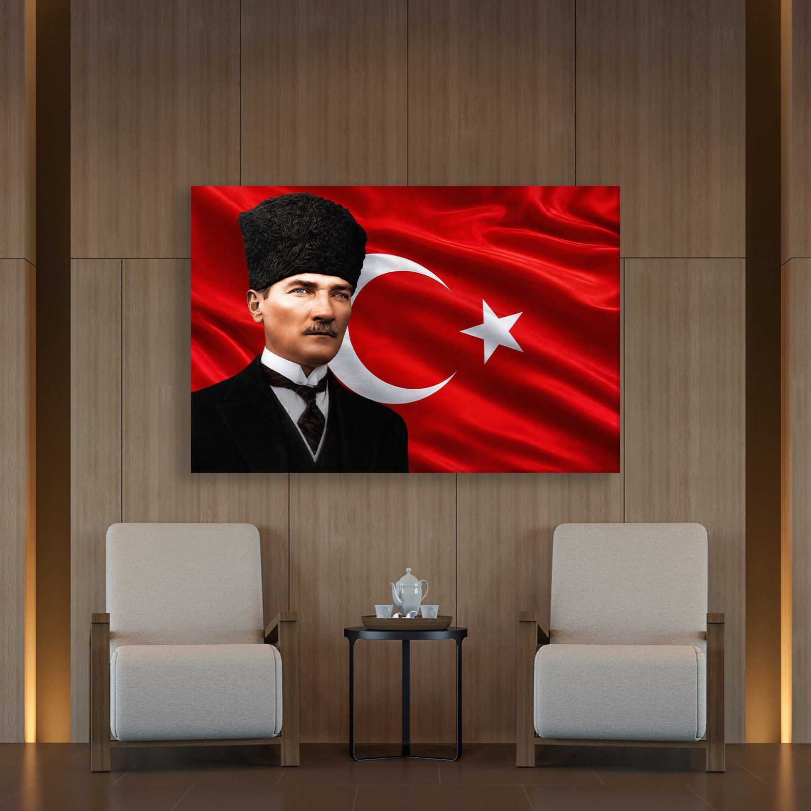 Atatürk Kanvas Tablo – Türk Bayrağı Fonlu Mustafa Kemal Atatürk Duvar Tablosu