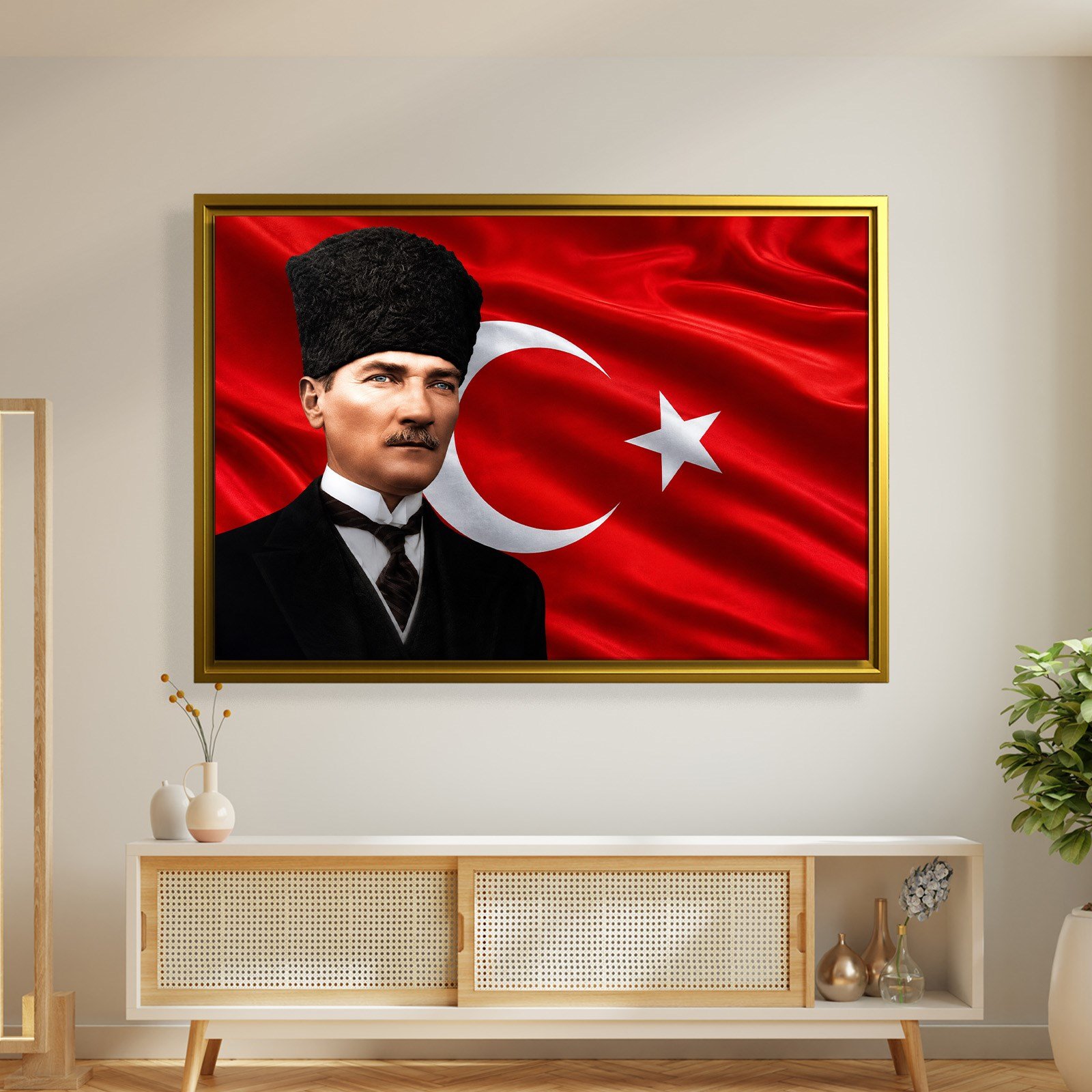 Atatürk Kanvas Tablo – Türk Bayrağı Fonlu Mustafa Kemal Atatürk Duvar Tablosu