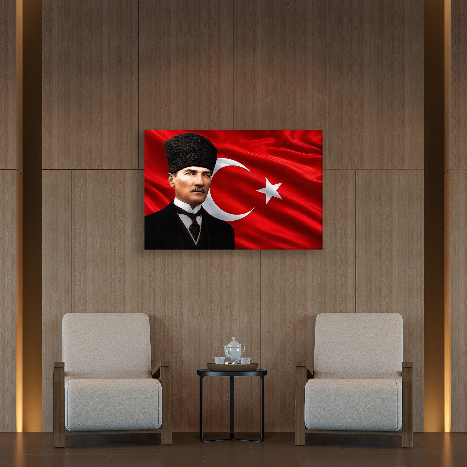 Atatürk Kanvas Tablo – Türk Bayrağı Fonlu Mustafa Kemal Atatürk Duvar Tablosu