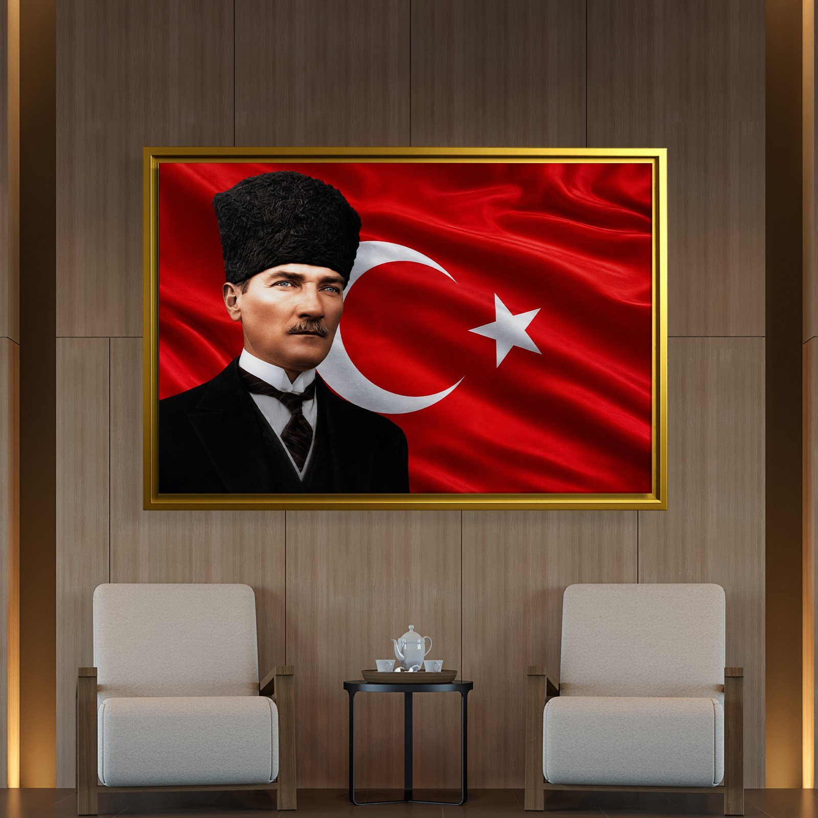 Atatürk Kanvas Tablo – Türk Bayrağı Fonlu Mustafa Kemal Atatürk Duvar Tablosu