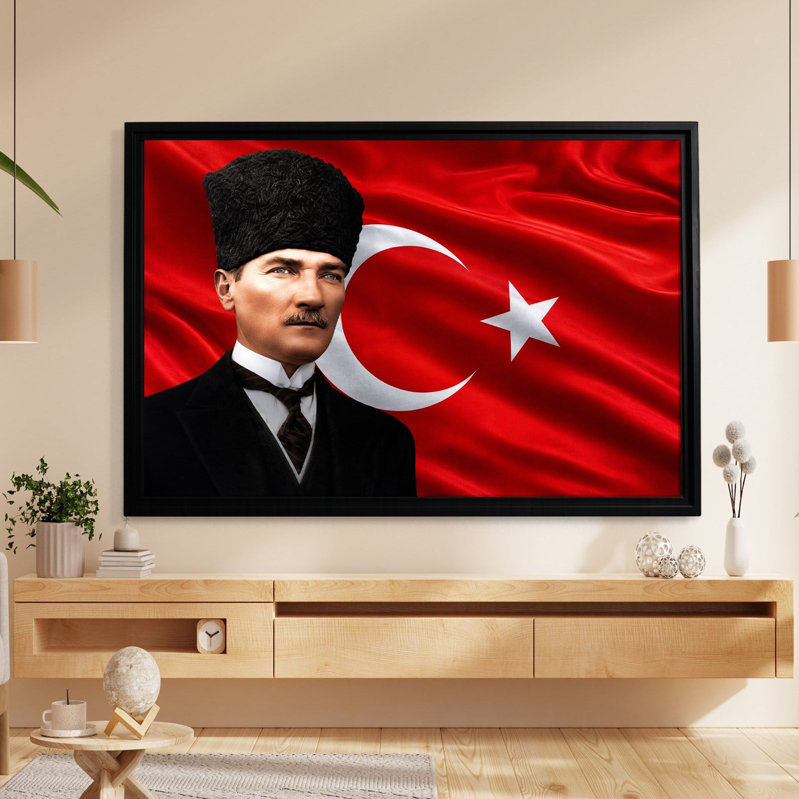 Atatürk Kanvas Tablo – Türk Bayrağı Fonlu Mustafa Kemal Atatürk Duvar Tablosu
