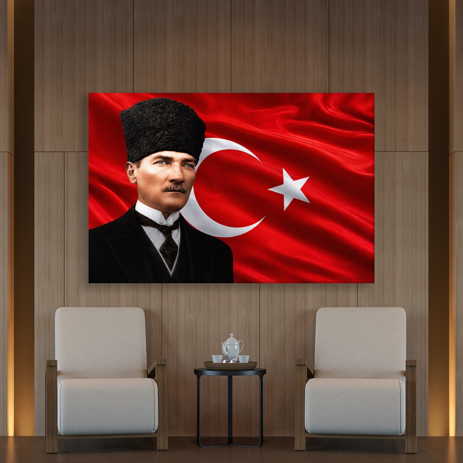 Atatürk Kanvas Tablo – Türk Bayrağı Fonlu Mustafa Kemal Atatürk Duvar Tablosu