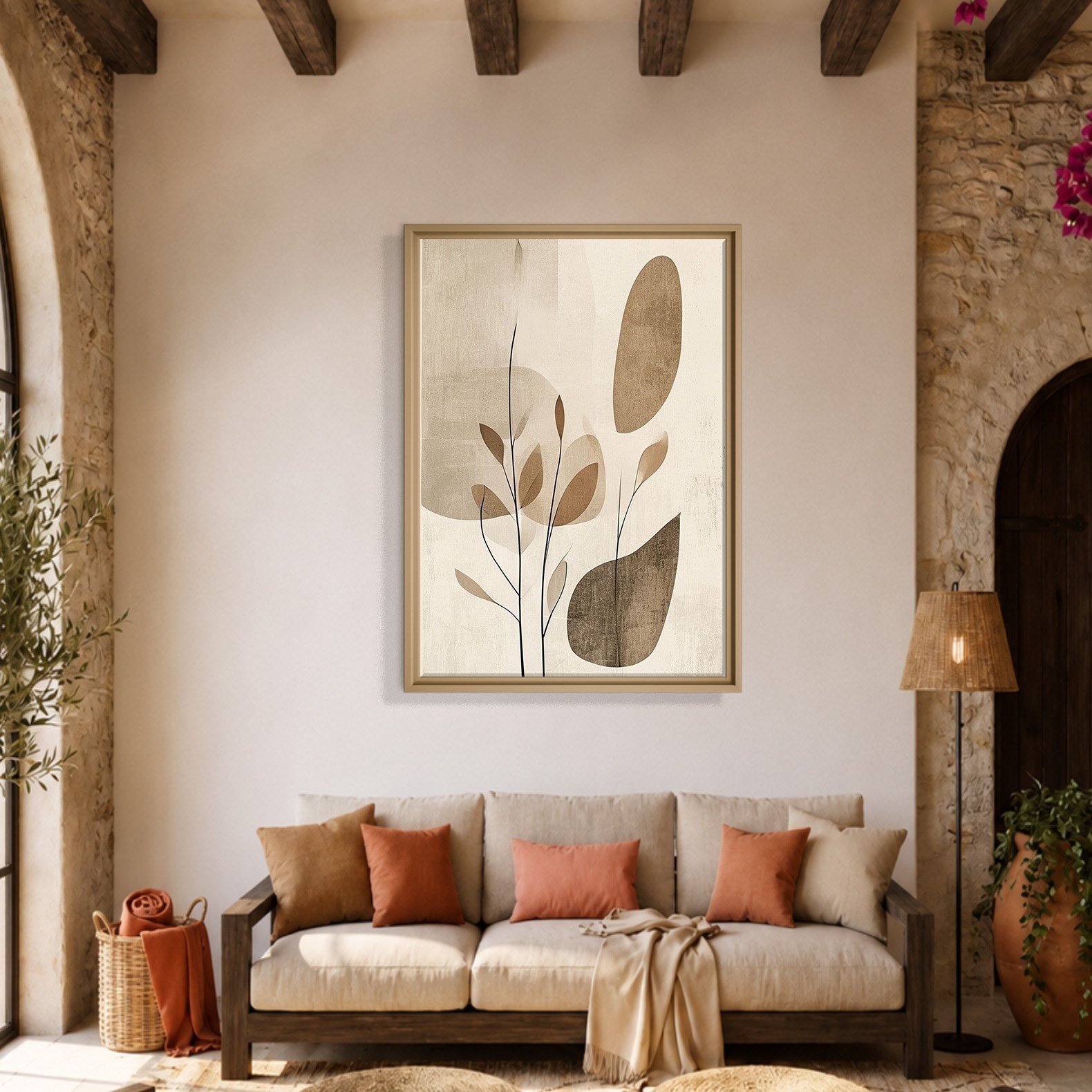 Bej Botanik Minimalist Soyut Kanvas Tablo
