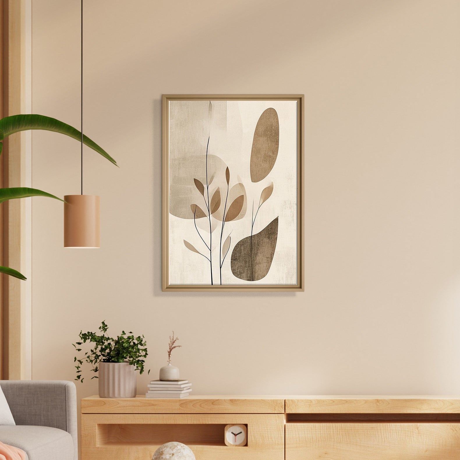 Bej Botanik Minimalist Soyut Kanvas Tablo