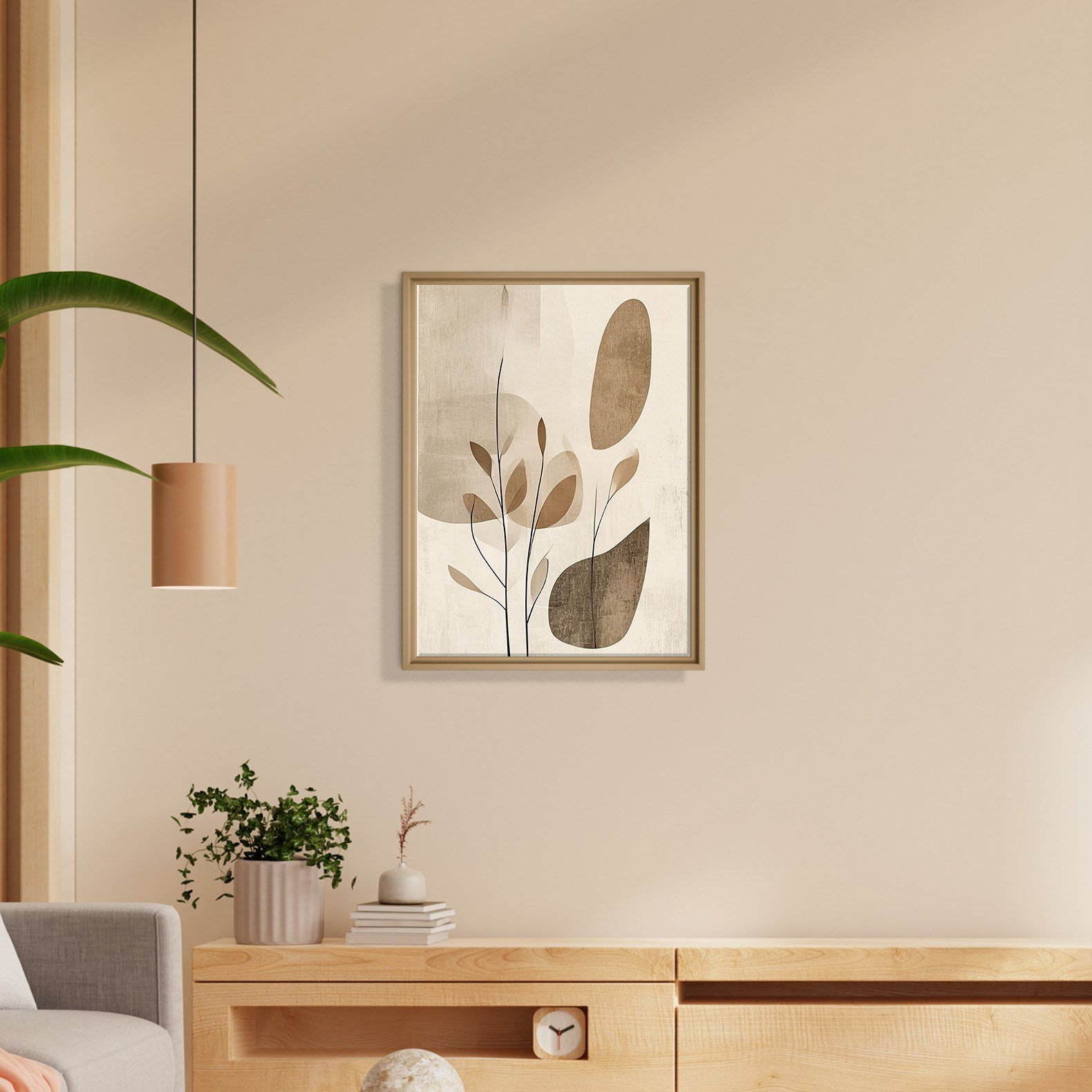 Bej Botanik Minimalist Soyut Kanvas Tablo