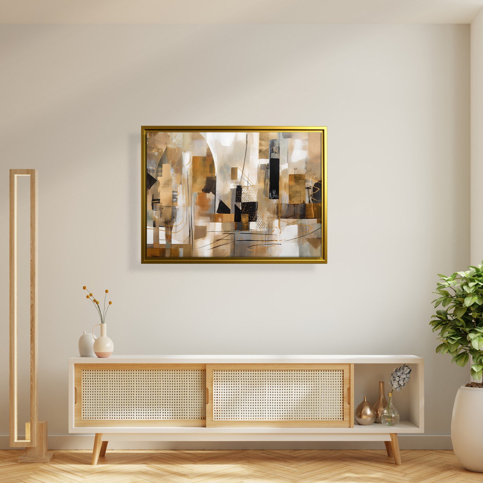 Bej Gold Siyah Soyut Kanvas Tablo