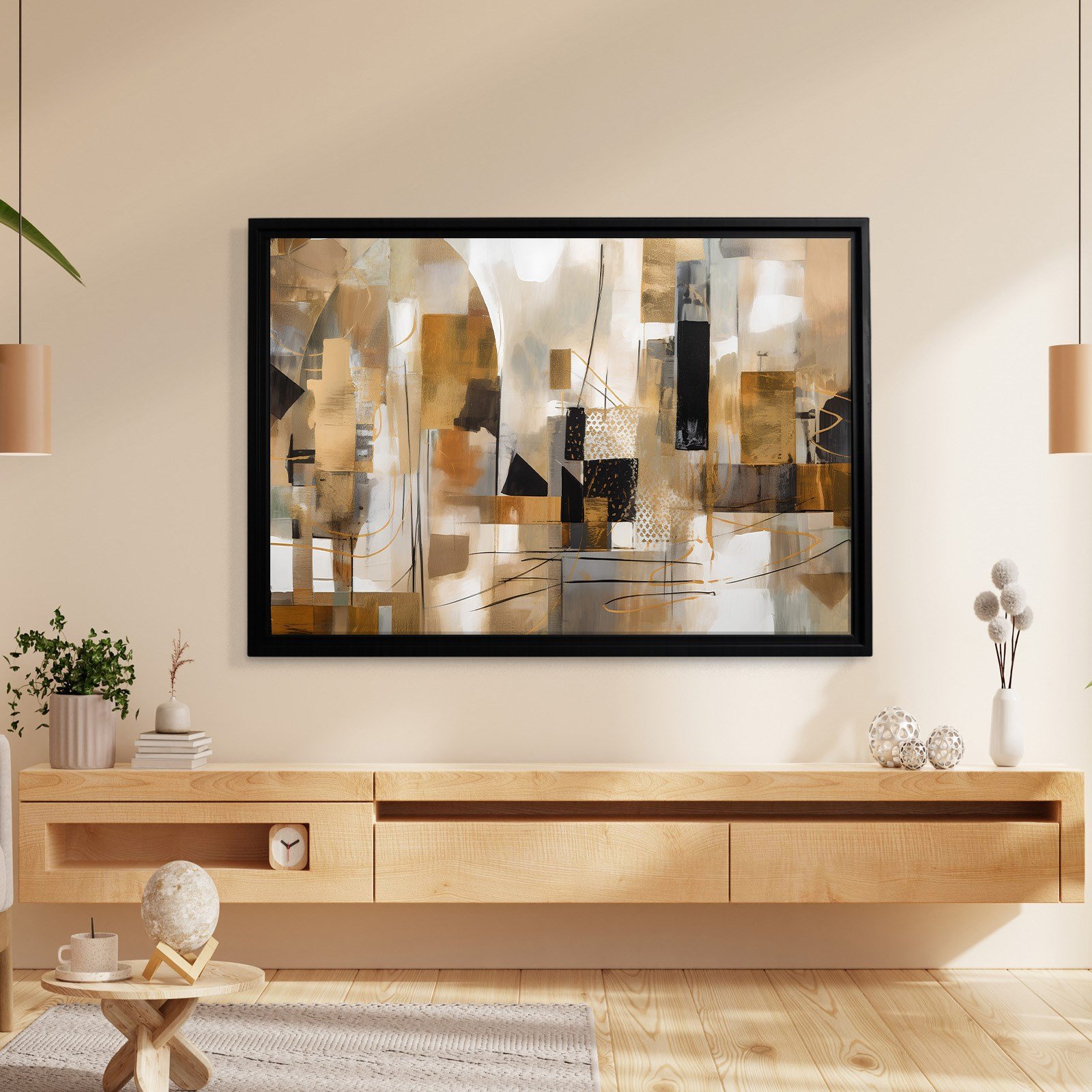 Bej Gold Siyah Soyut Kanvas Tablo