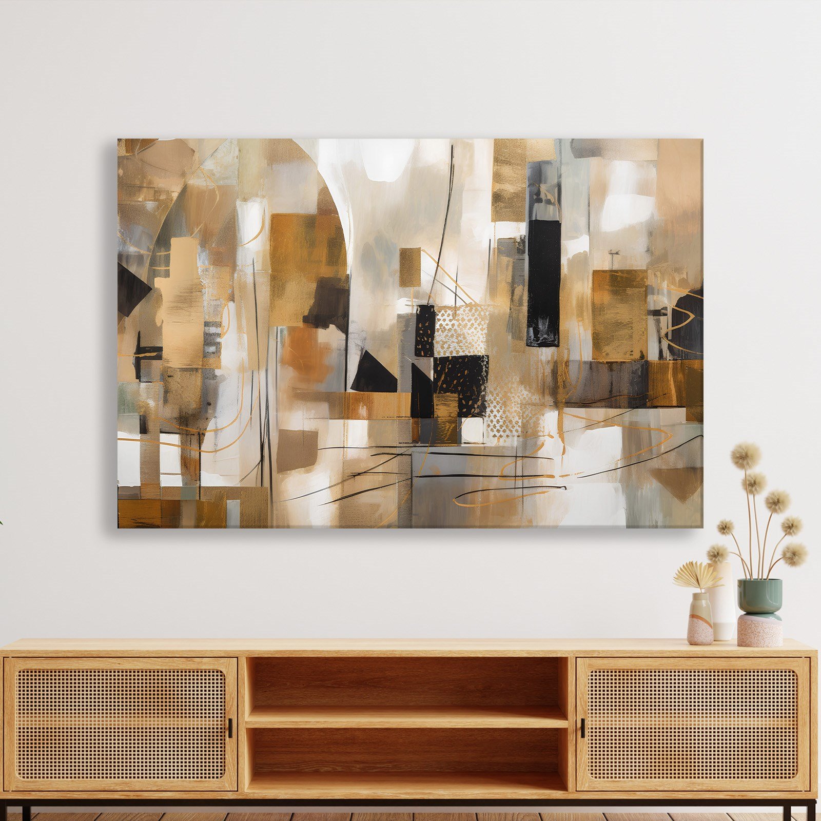 Bej Gold Siyah Soyut Kanvas Tablo