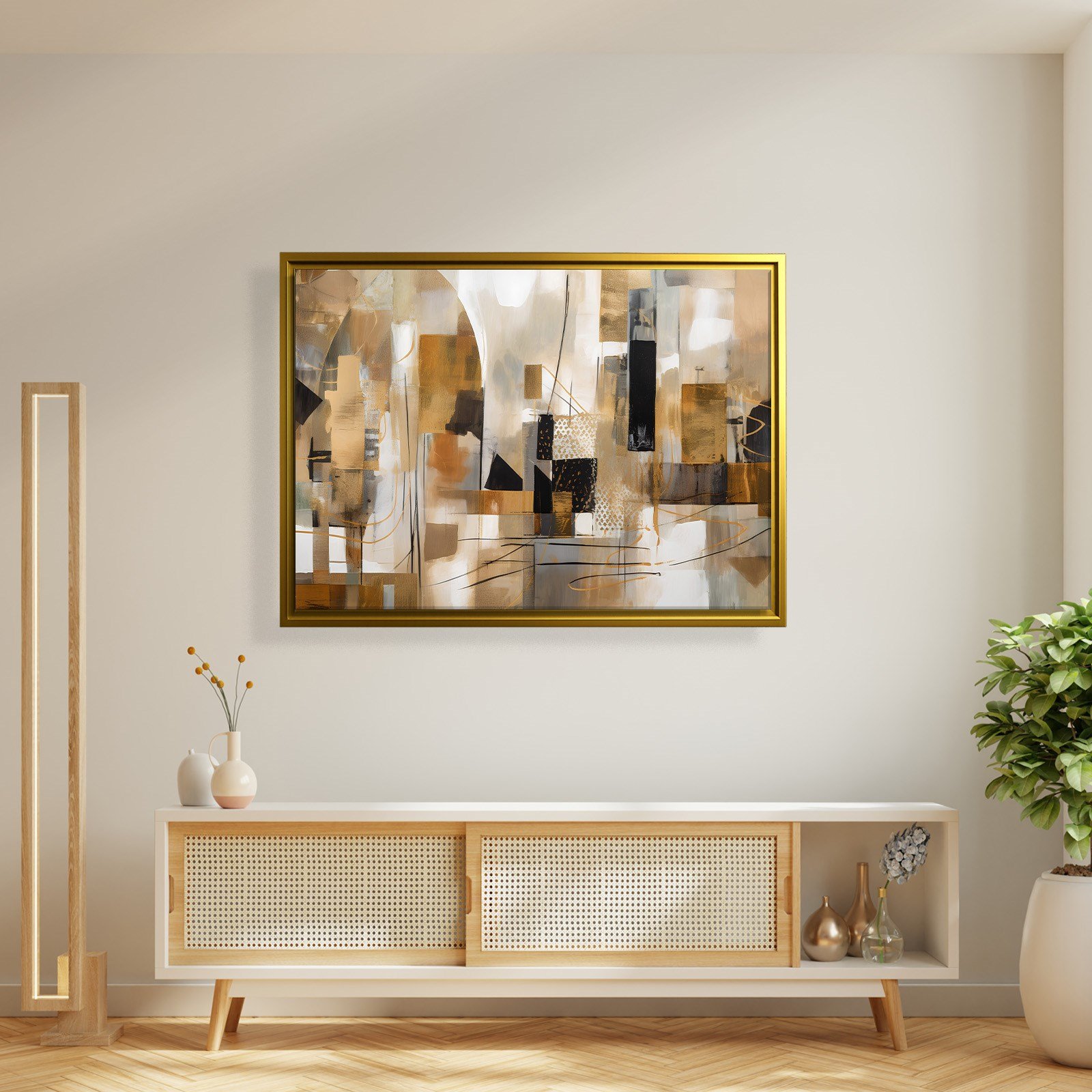 Bej Gold Siyah Soyut Kanvas Tablo