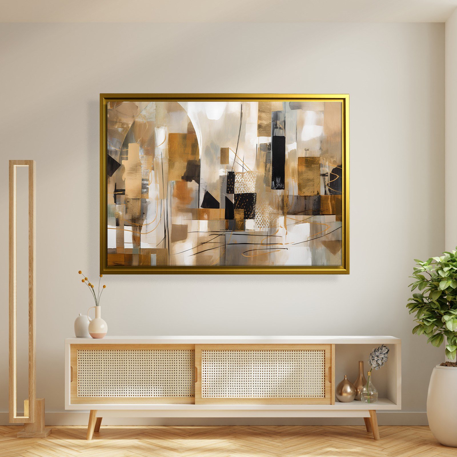 Bej Gold Siyah Soyut Kanvas Tablo