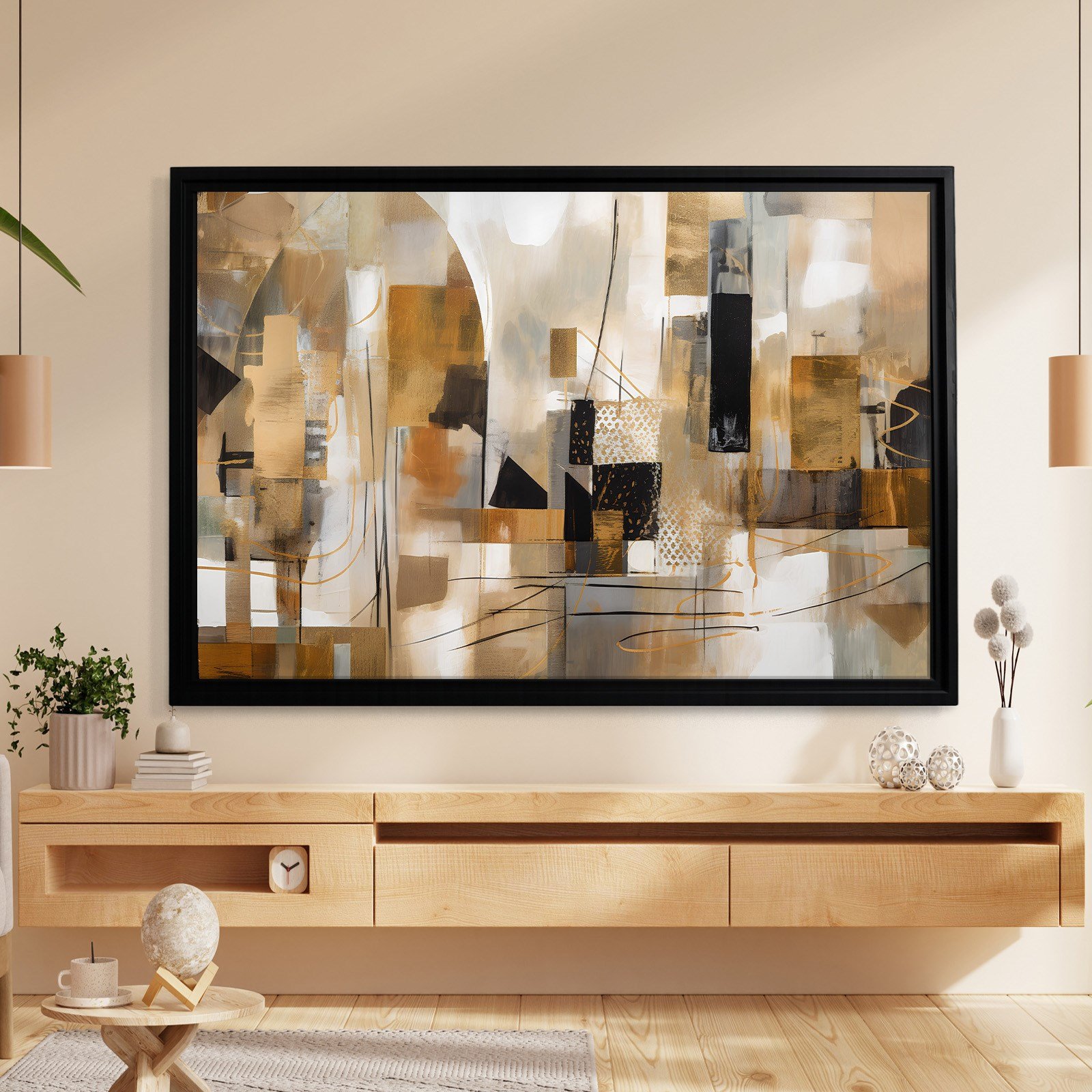 Bej Gold Siyah Soyut Kanvas Tablo
