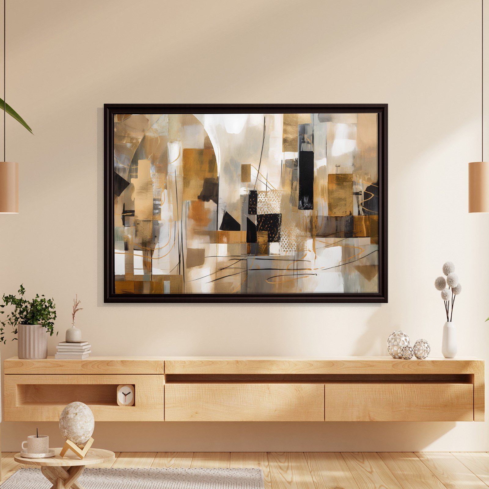 Bej Gold Siyah Soyut Kanvas Tablo
