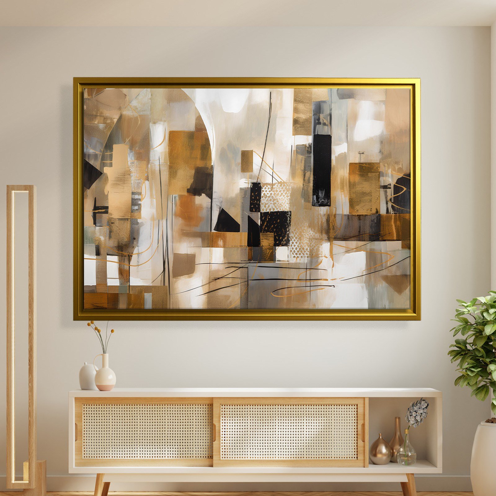 Bej Gold Siyah Soyut Kanvas Tablo