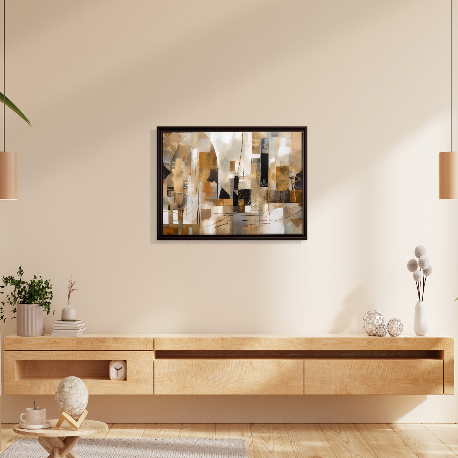 Bej Gold Siyah Soyut Kanvas Tablo