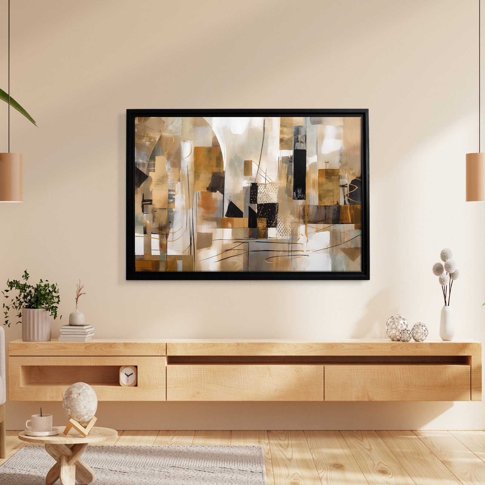 Bej Gold Siyah Soyut Kanvas Tablo