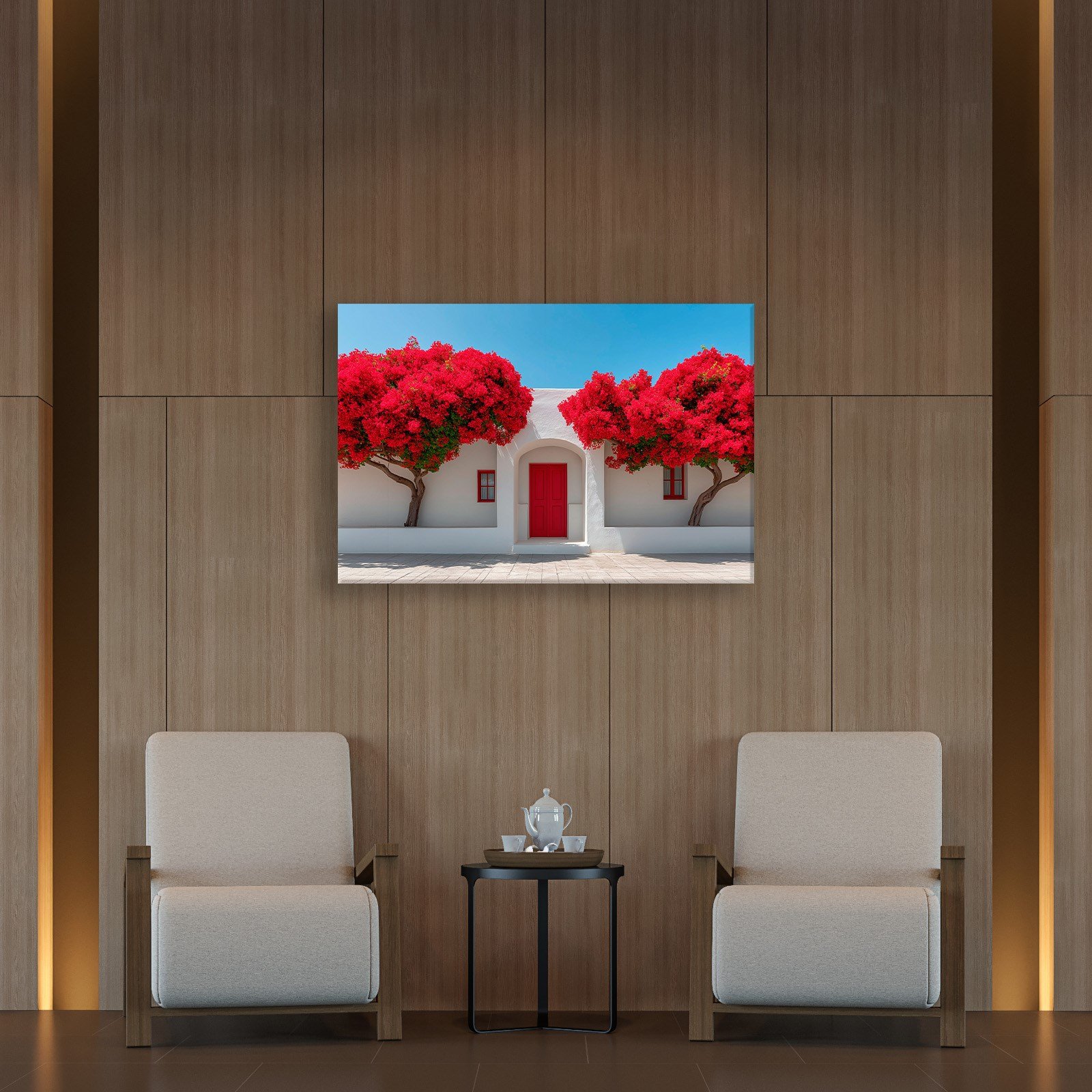 Beyaz Akdeniz Evleri ve Kırmızı Begonvil Kanvas Tablo | Santorini Premium Duvar Sanatı