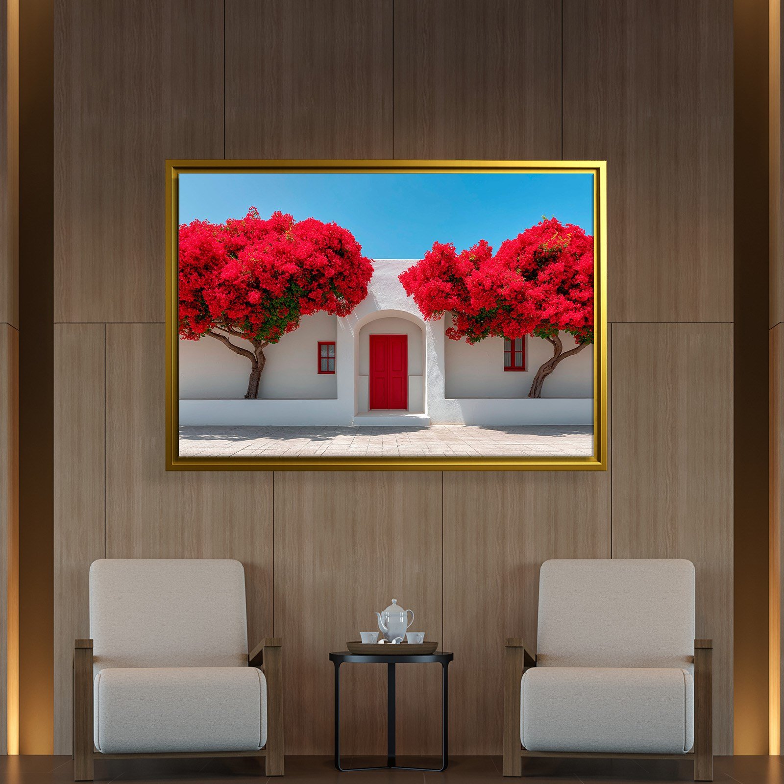 Beyaz Akdeniz Evleri ve Kırmızı Begonvil Kanvas Tablo | Santorini Premium Duvar Sanatı