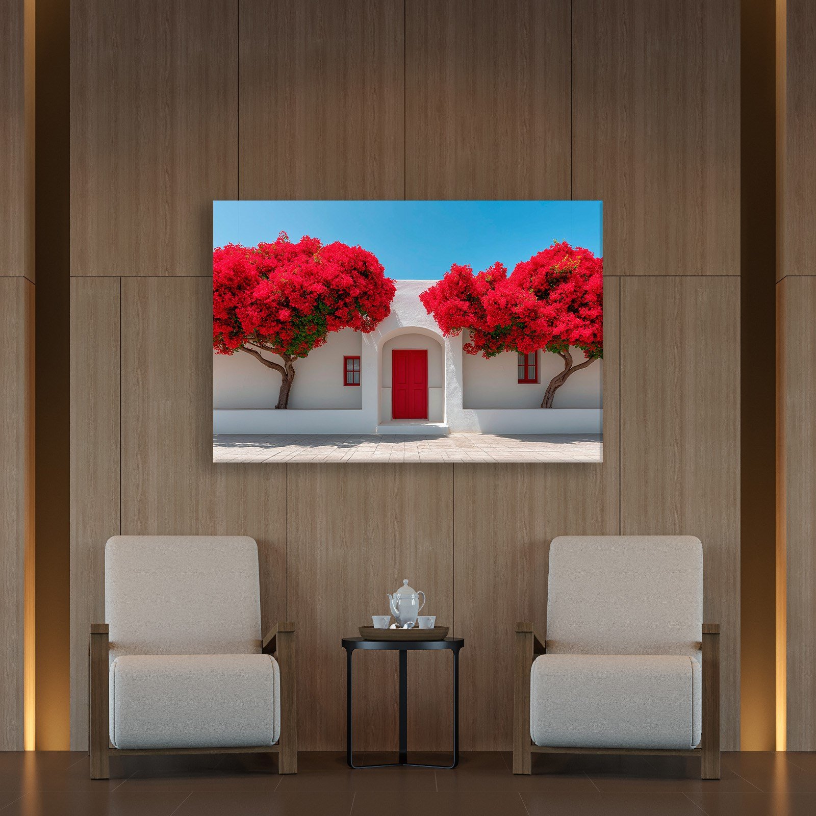Beyaz Akdeniz Evleri ve Kırmızı Begonvil Kanvas Tablo | Santorini Premium Duvar Sanatı