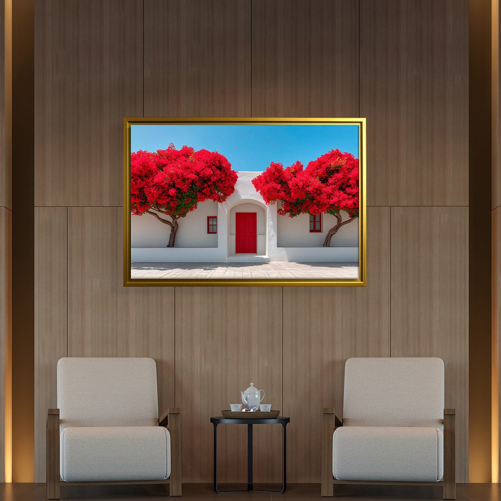 Beyaz Akdeniz Evleri ve Kırmızı Begonvil Kanvas Tablo | Santorini Premium Duvar Sanatı