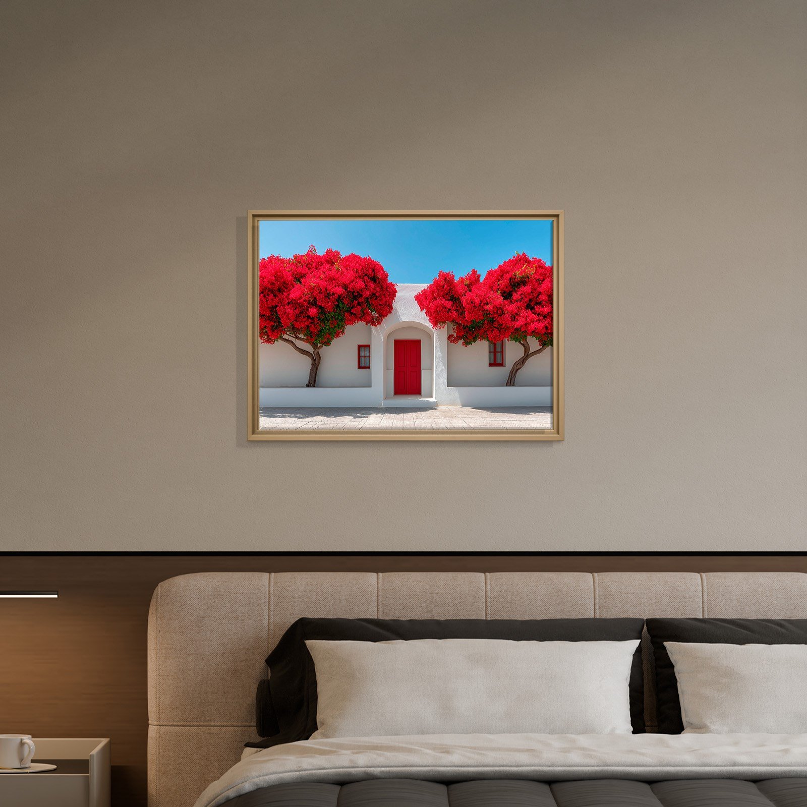 Beyaz Akdeniz Evleri ve Kırmızı Begonvil Kanvas Tablo | Santorini Premium Duvar Sanatı