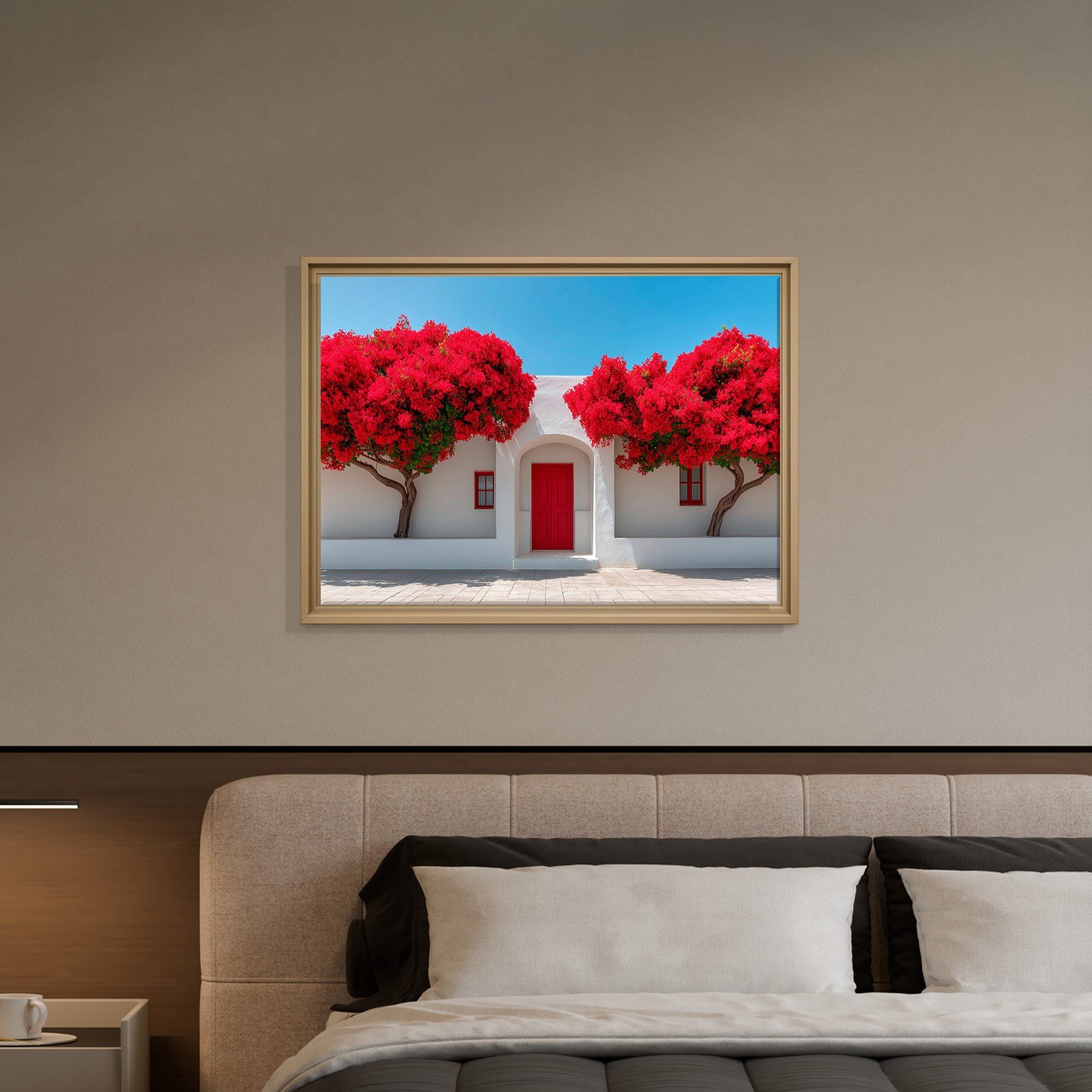 Beyaz Akdeniz Evleri ve Kırmızı Begonvil Kanvas Tablo | Santorini Premium Duvar Sanatı