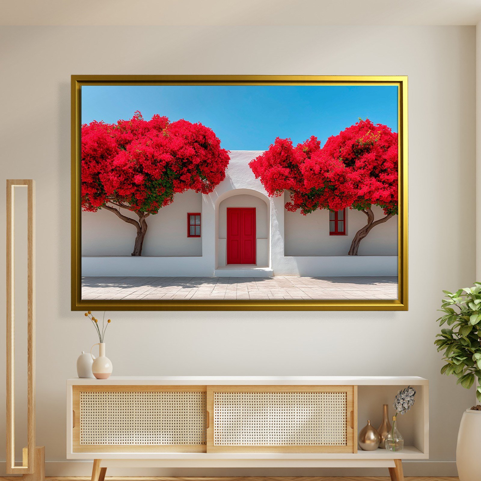 Beyaz Akdeniz Evleri ve Kırmızı Begonvil Kanvas Tablo | Santorini Premium Duvar Sanatı