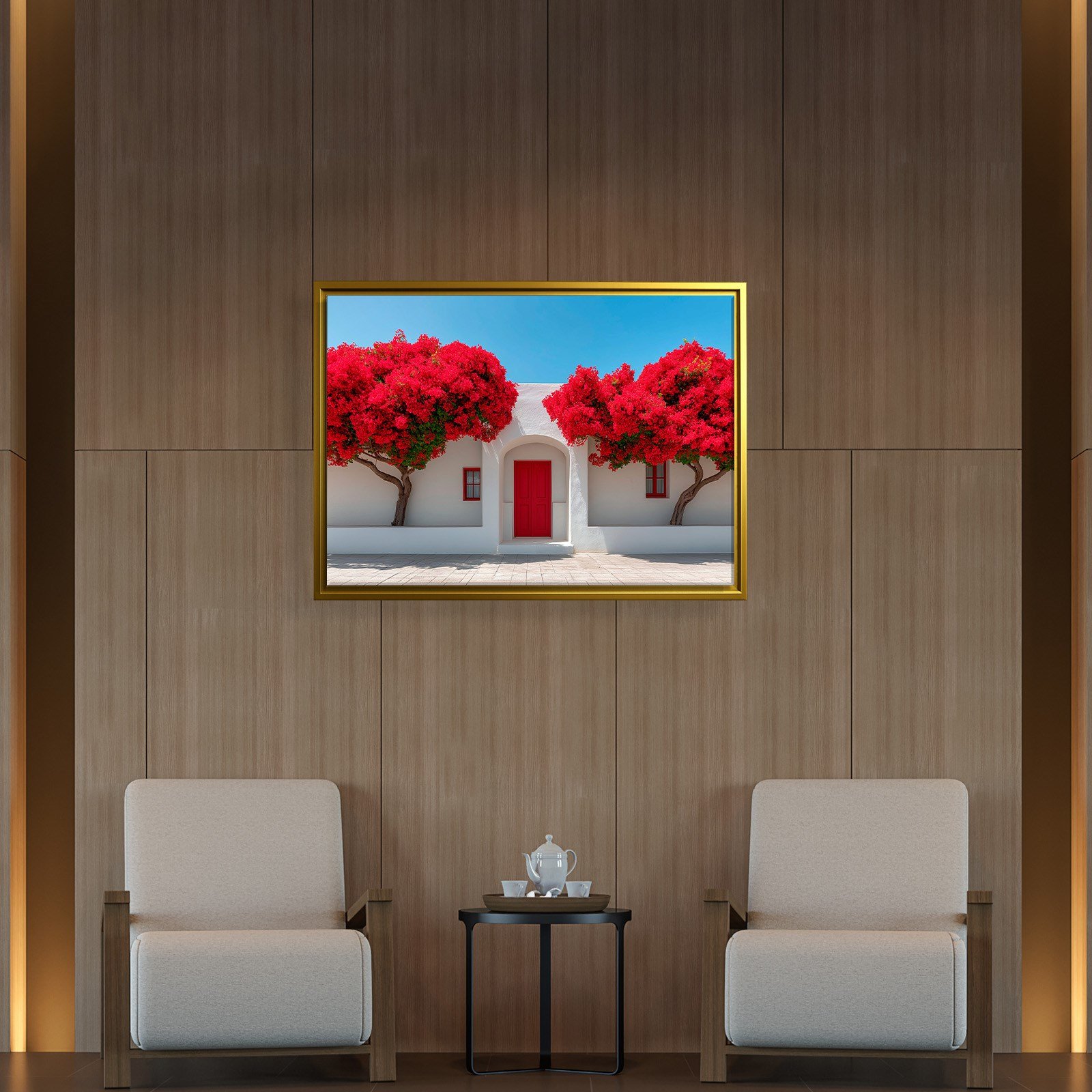 Beyaz Akdeniz Evleri ve Kırmızı Begonvil Kanvas Tablo | Santorini Premium Duvar Sanatı