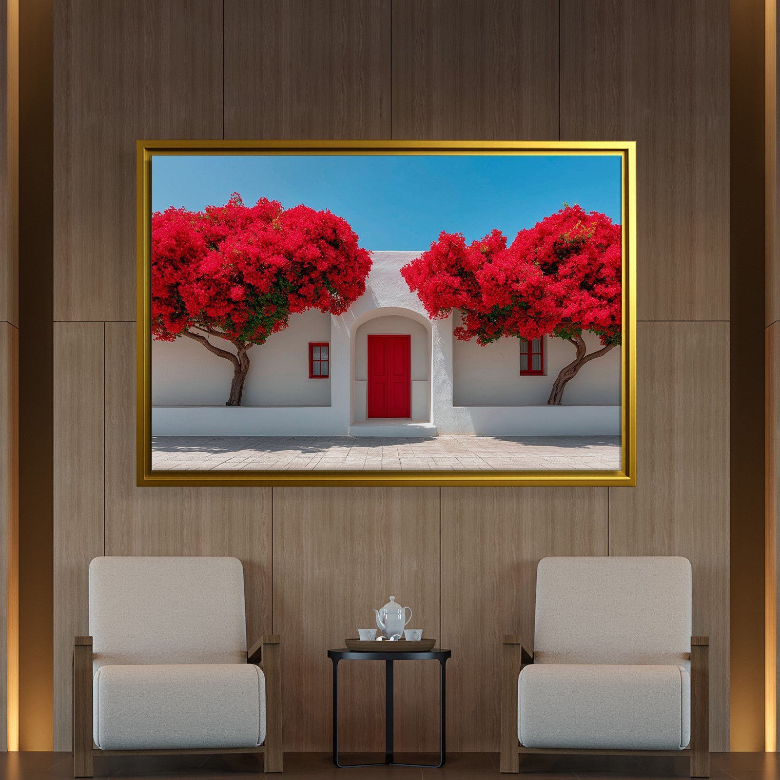 Beyaz Akdeniz Evleri ve Kırmızı Begonvil Kanvas Tablo | Santorini Premium Duvar Sanatı