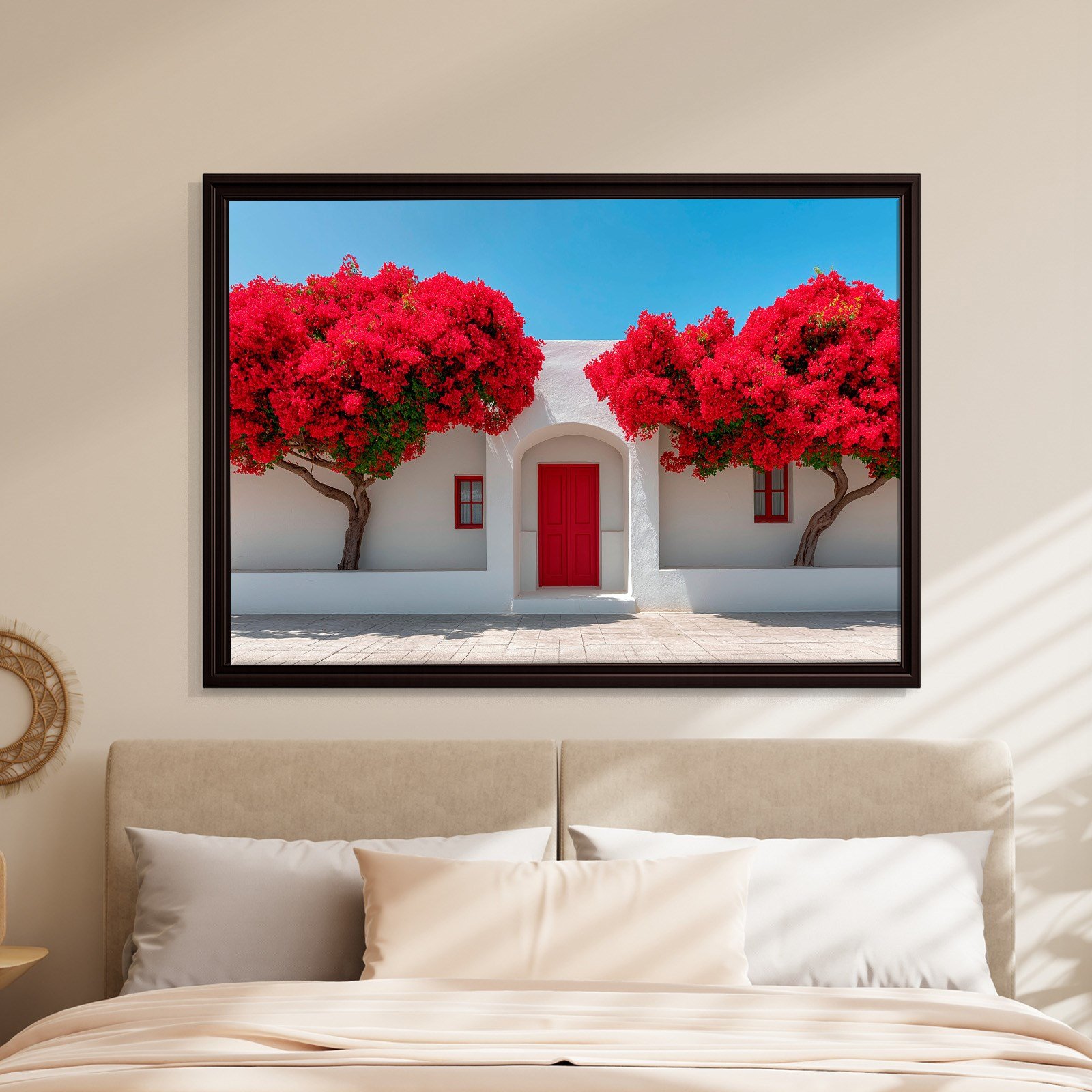 Beyaz Akdeniz Evleri ve Kırmızı Begonvil Kanvas Tablo | Santorini Premium Duvar Sanatı
