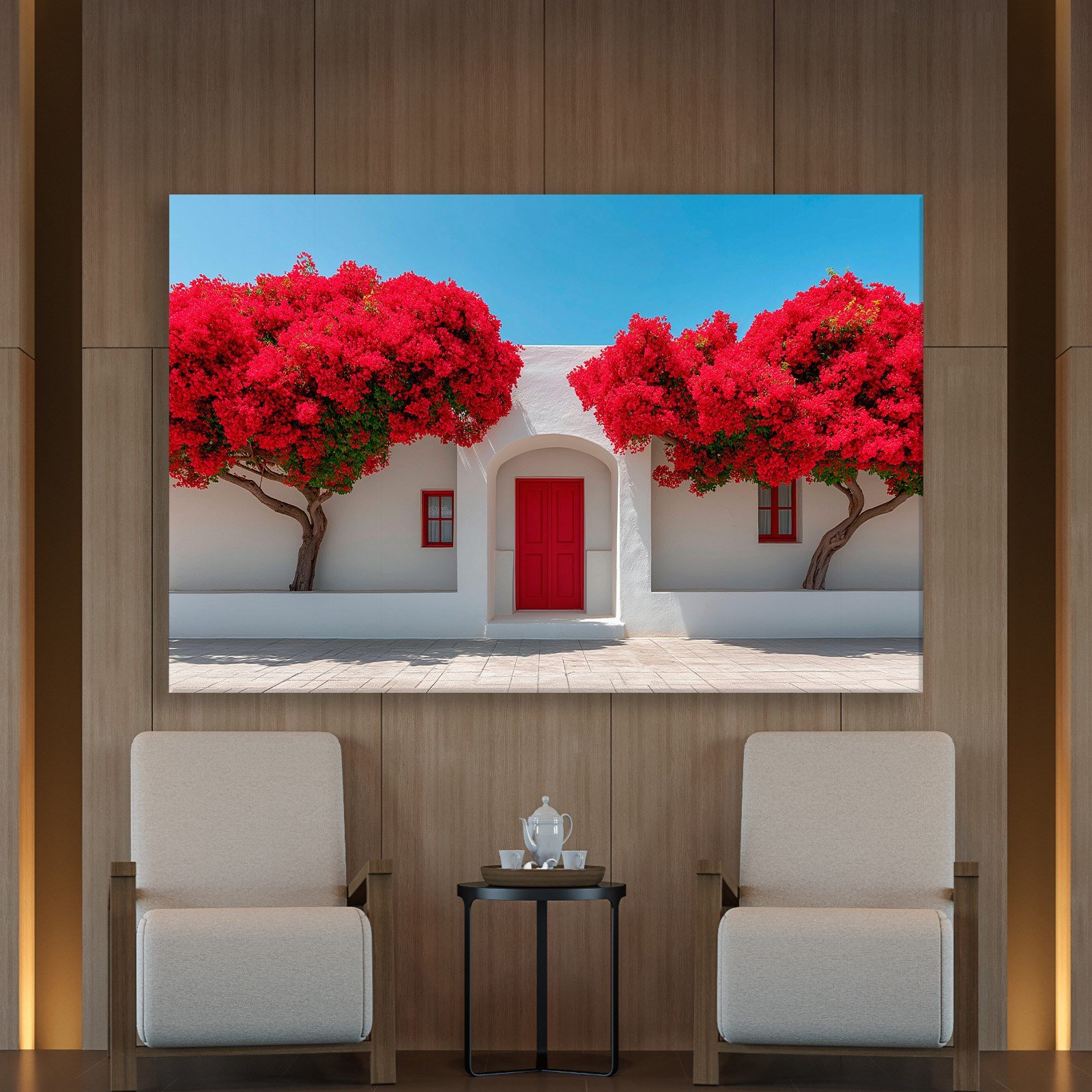 Beyaz Akdeniz Evleri ve Kırmızı Begonvil Kanvas Tablo | Santorini Premium Duvar Sanatı