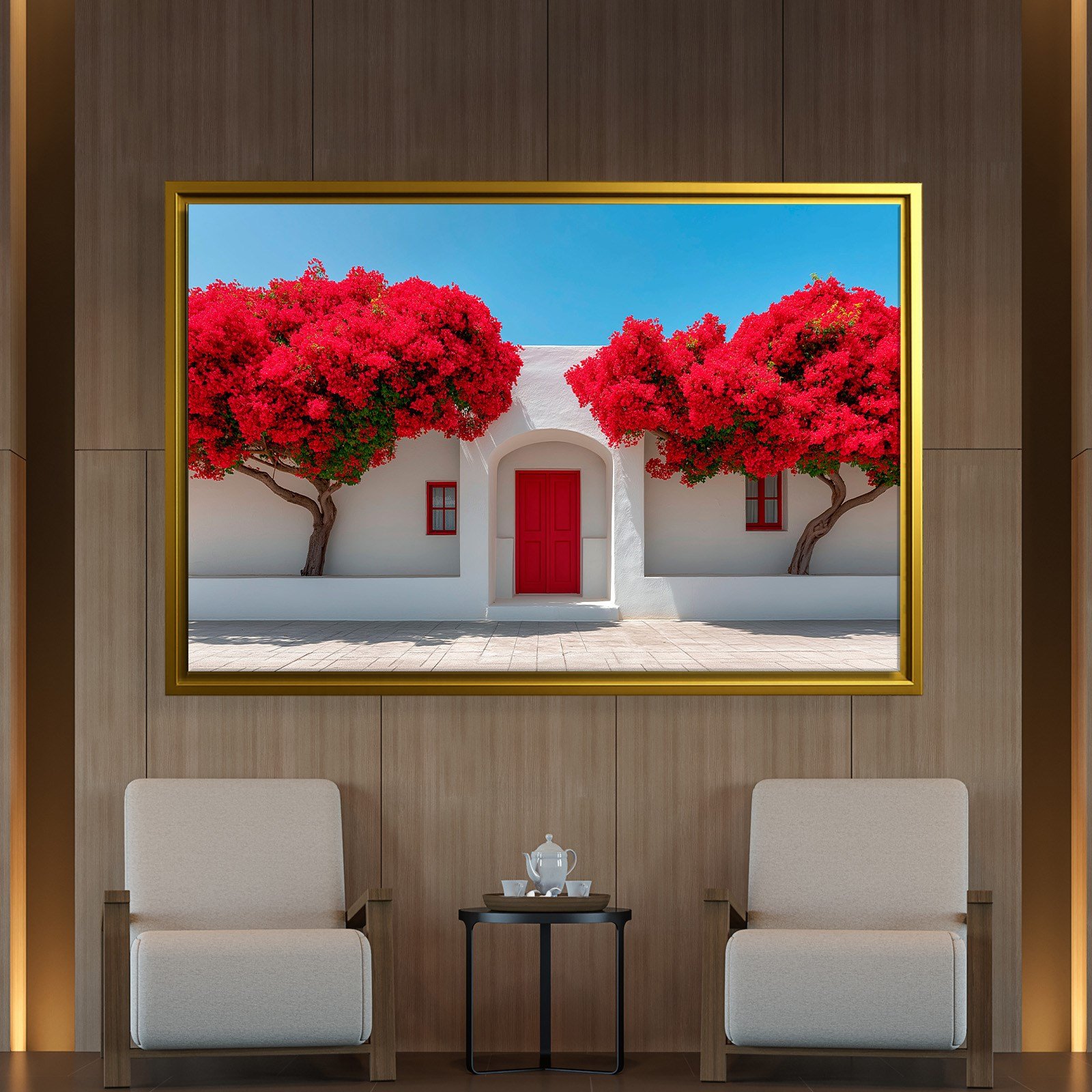 Beyaz Akdeniz Evleri ve Kırmızı Begonvil Kanvas Tablo | Santorini Premium Duvar Sanatı