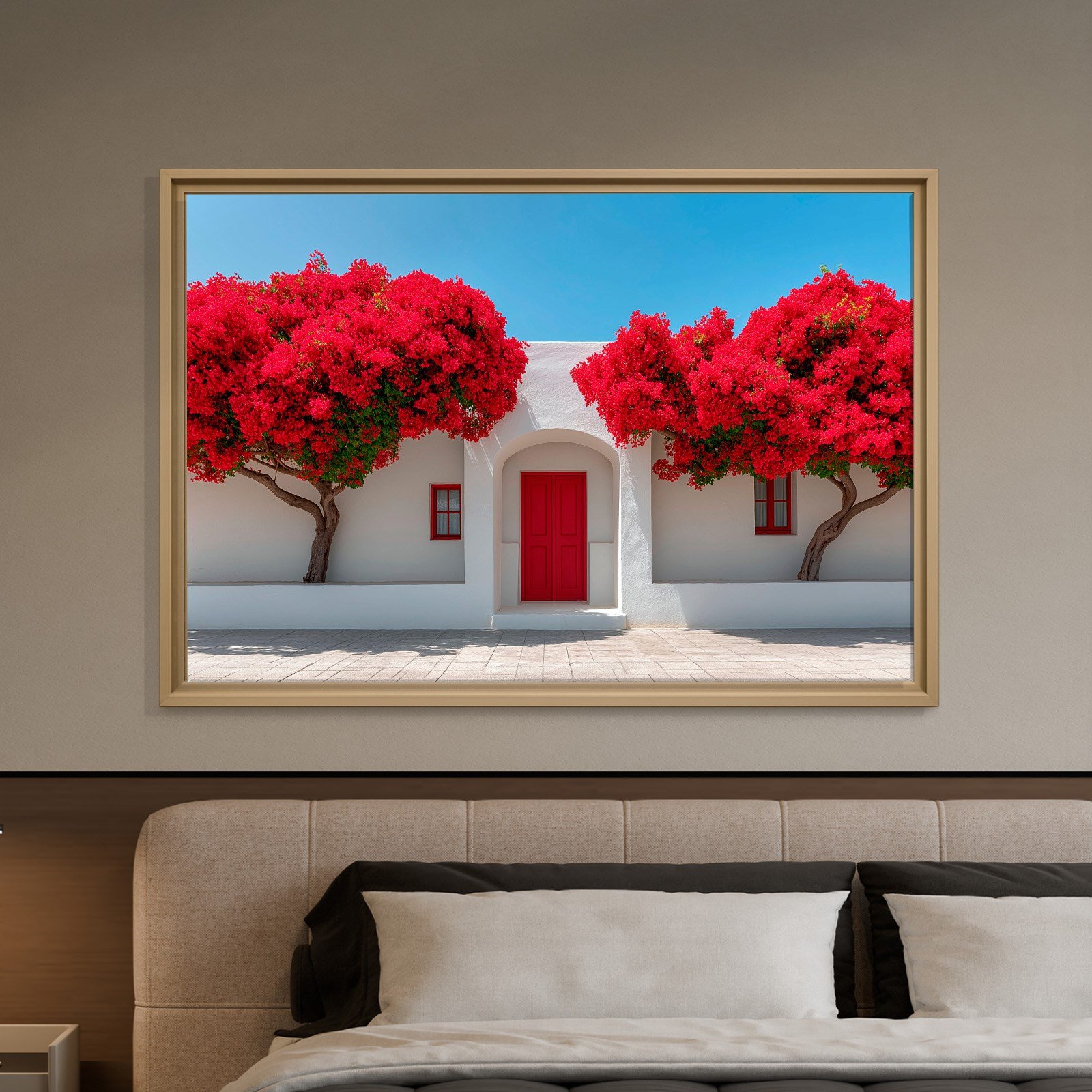 Beyaz Akdeniz Evleri ve Kırmızı Begonvil Kanvas Tablo | Santorini Premium Duvar Sanatı