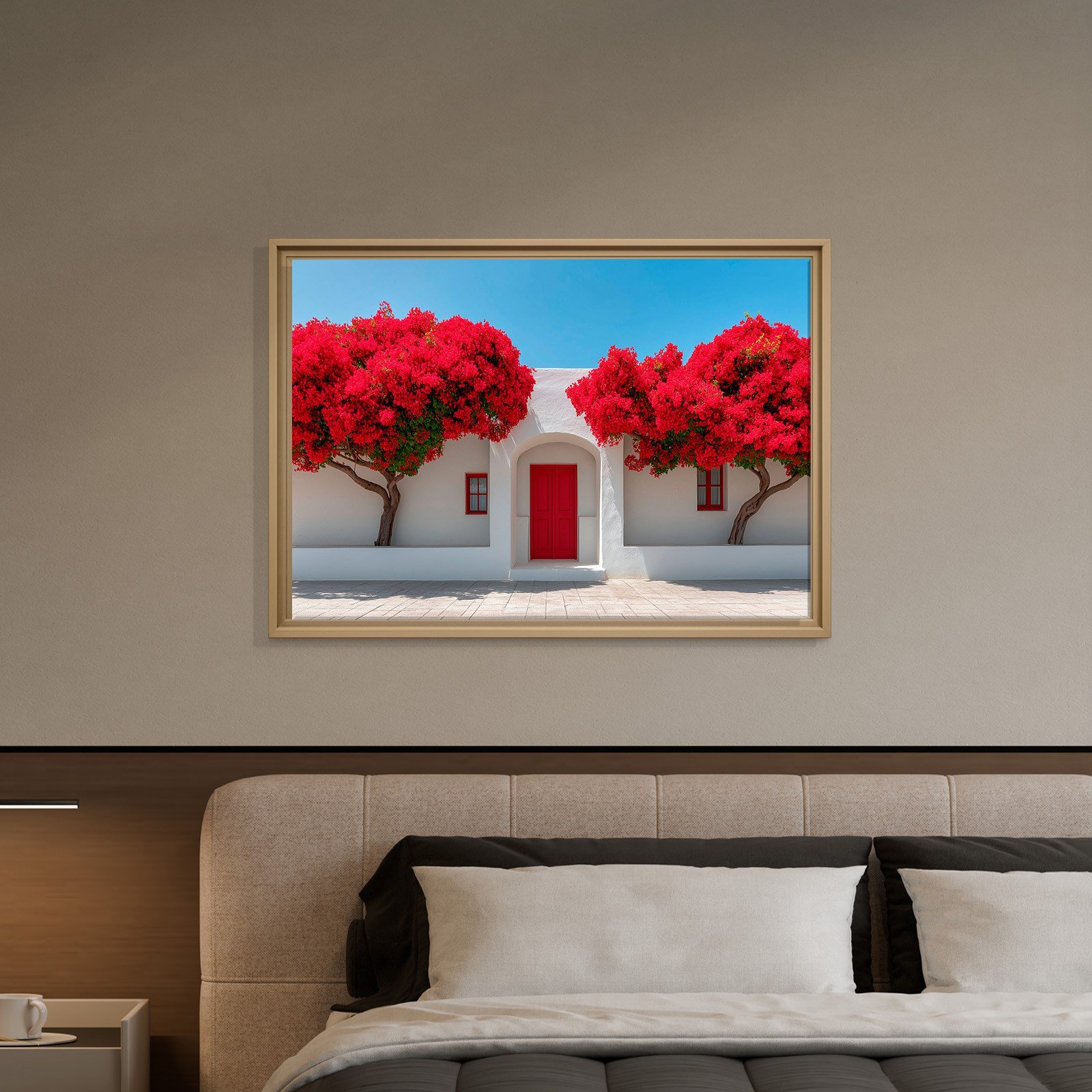 Beyaz Akdeniz Evleri ve Kırmızı Begonvil Kanvas Tablo | Santorini Premium Duvar Sanatı