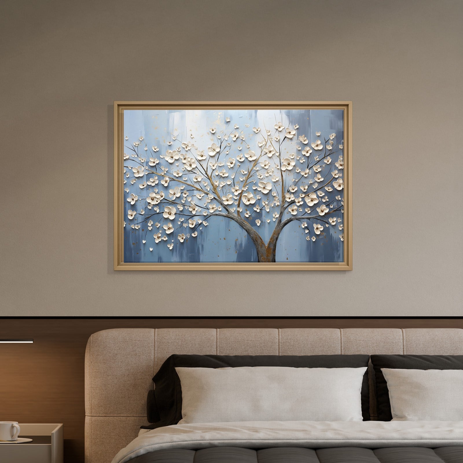 Beyaz Çiçekli Hayat Ağacı Kanvas Tablo | Mavi Arka Planlı Premium Duvar Sanatı