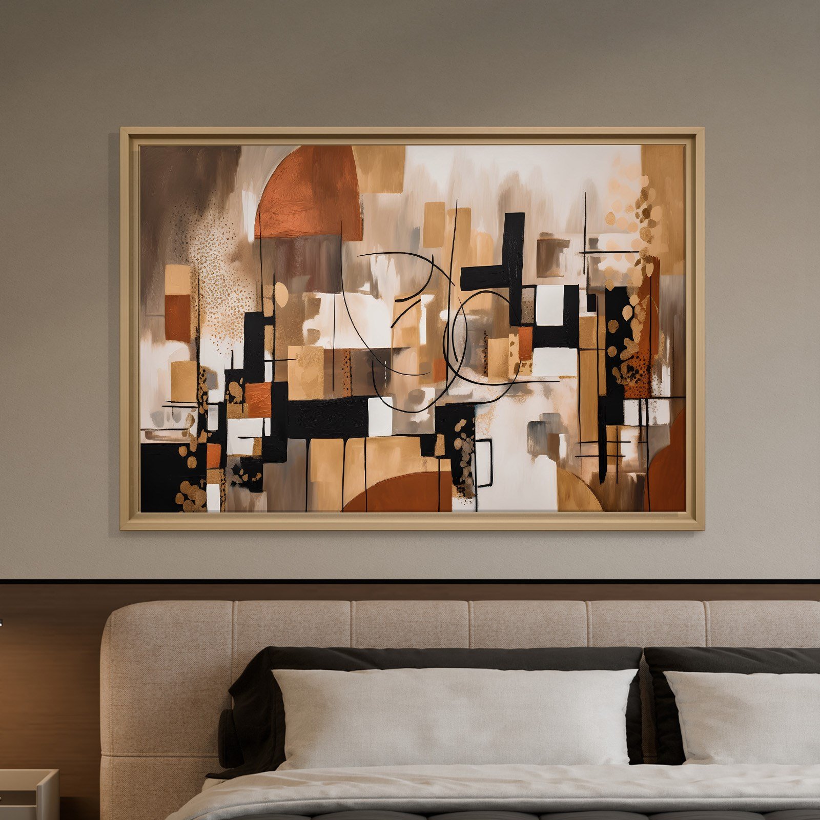 Bohem Denge – Siyah, Terracotta ve Gold Tonlarda Soyut Tablo