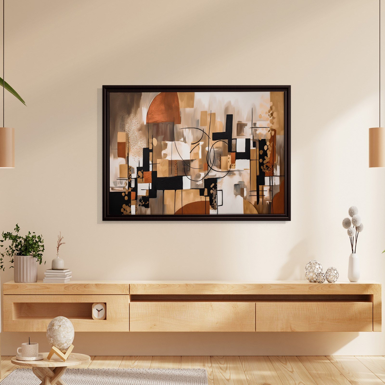 Bohem Denge – Siyah, Terracotta ve Gold Tonlarda Soyut Tablo