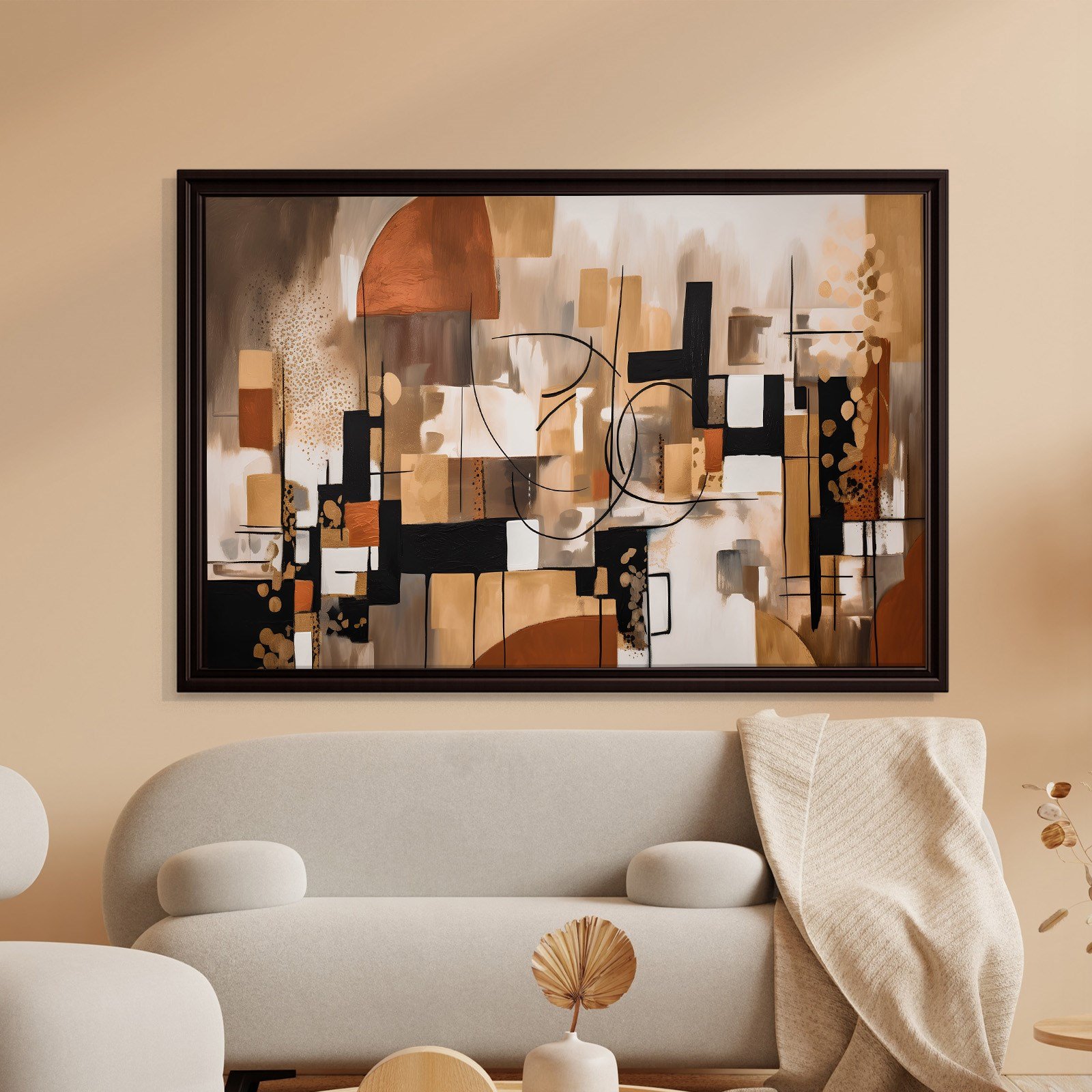 Bohem Denge – Siyah, Terracotta ve Gold Tonlarda Soyut Tablo