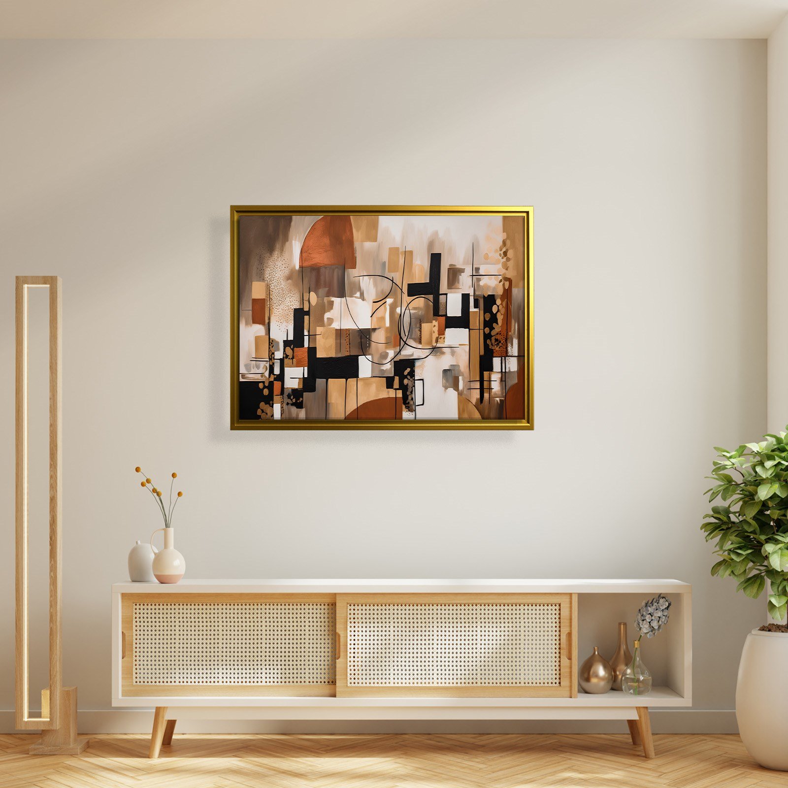 Bohem Denge – Siyah, Terracotta ve Gold Tonlarda Soyut Tablo