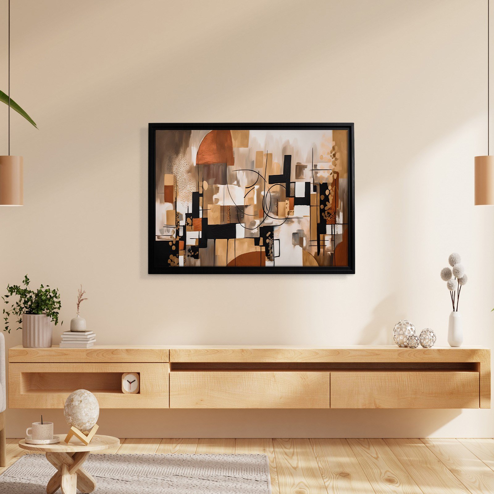 Bohem Denge – Siyah, Terracotta ve Gold Tonlarda Soyut Tablo