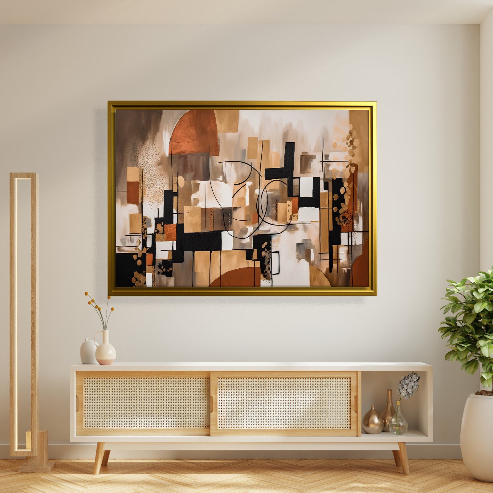 Bohem Denge – Siyah, Terracotta ve Gold Tonlarda Soyut Tablo